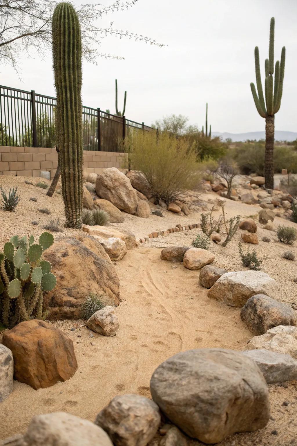 Bringing the desert aesthetic to your backyard using sand, boulders, and cacti.