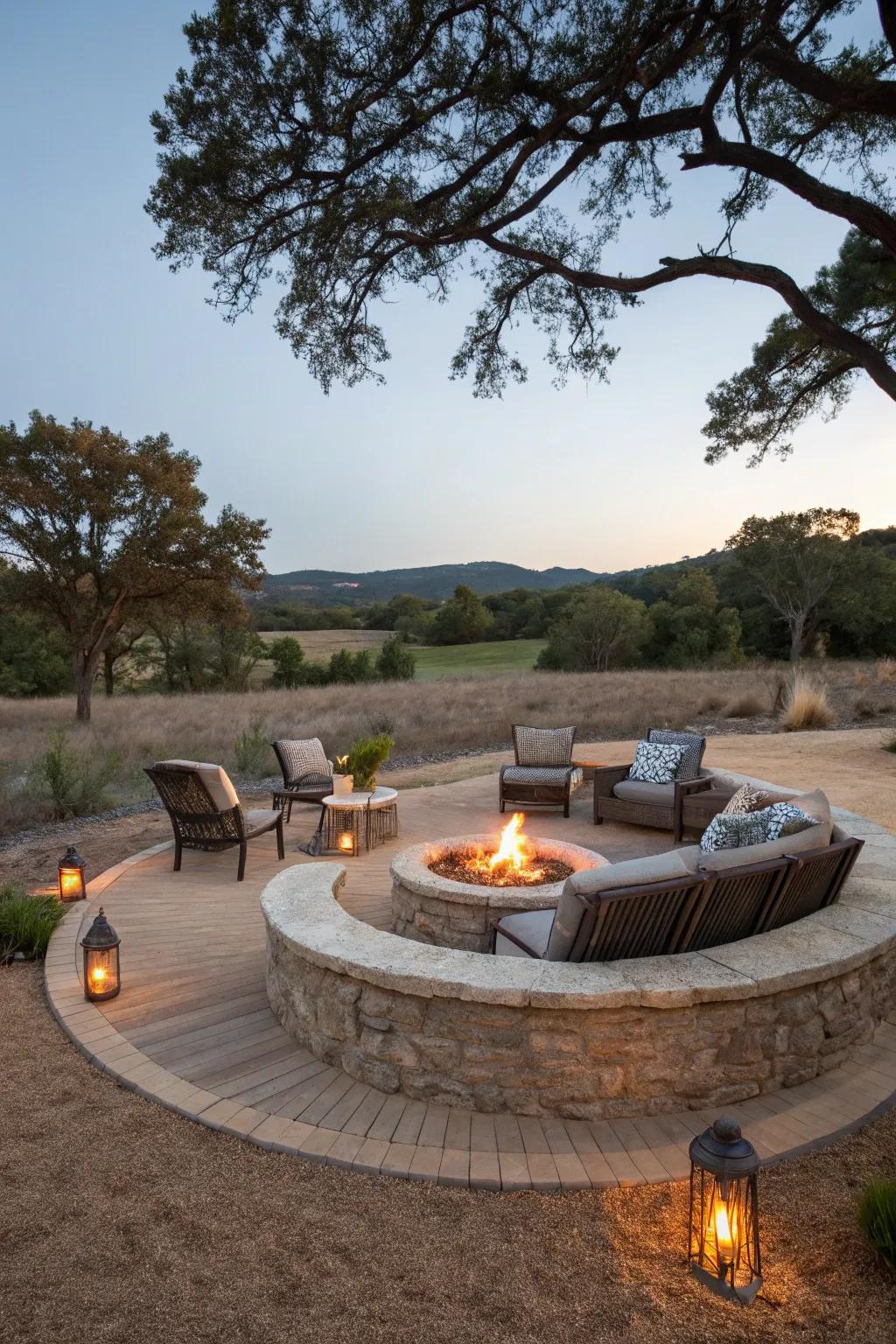 A captivating fire area arrangement on crushed rock, great for gatherings.