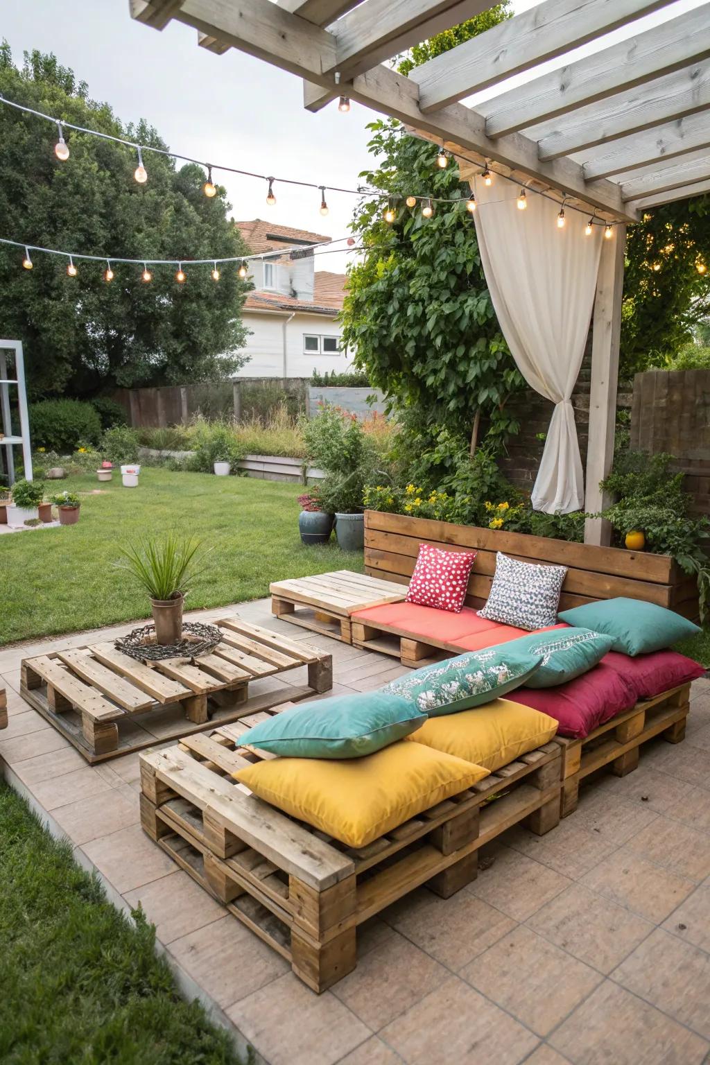 Wood crate seating with cushions provides a relaxed ambiance for guests.