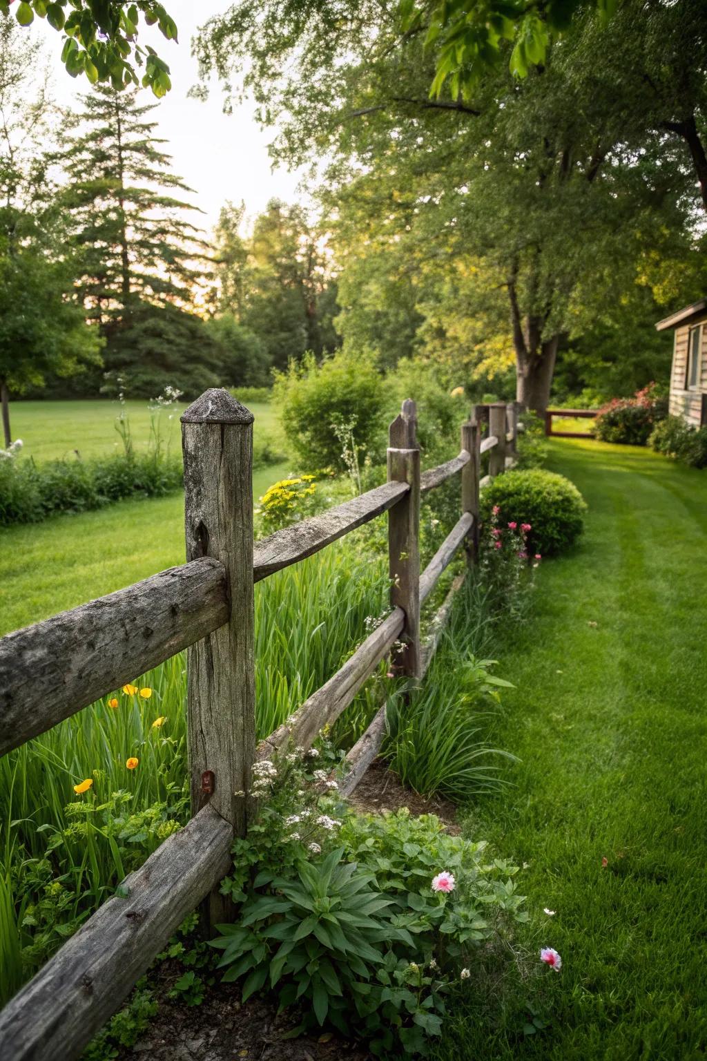 A rustic wooden post and rail perimeter adds country charm.