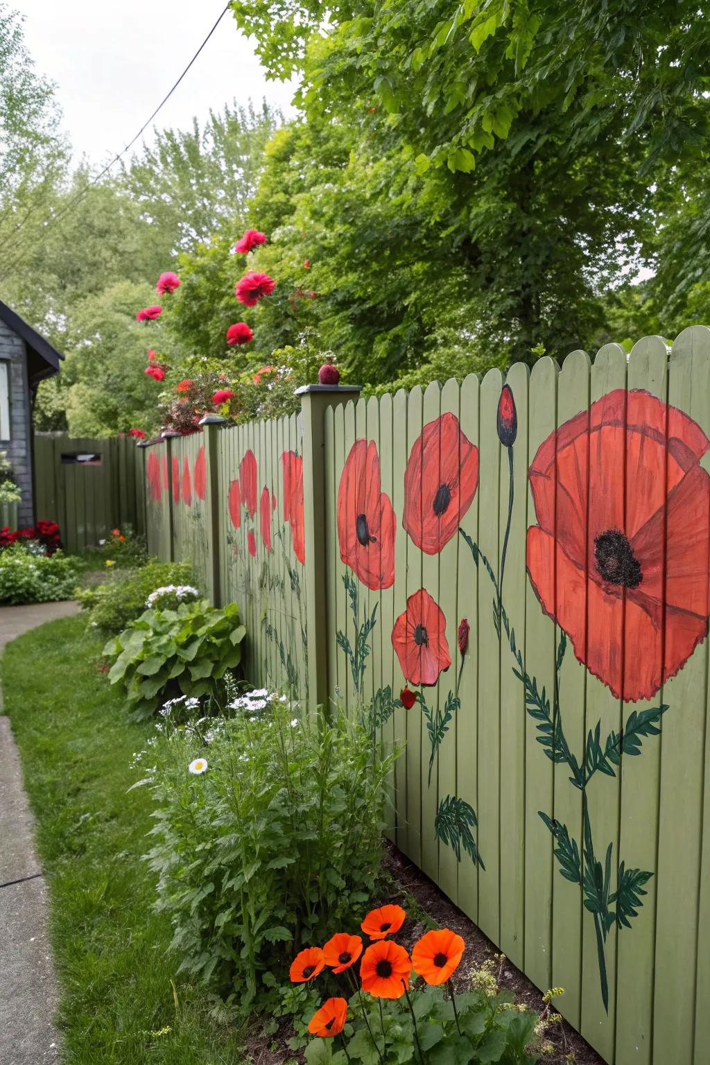 Poppies painted on a fence add a bold, artistic touch.