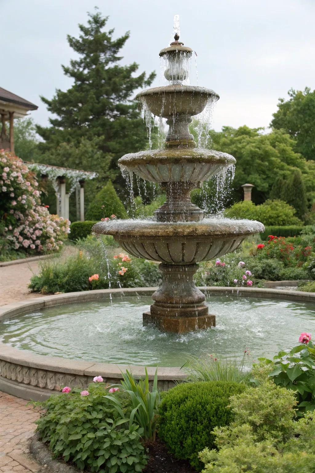 A traditional layered cascade introduces grandness and appeal to every outdoor setting.