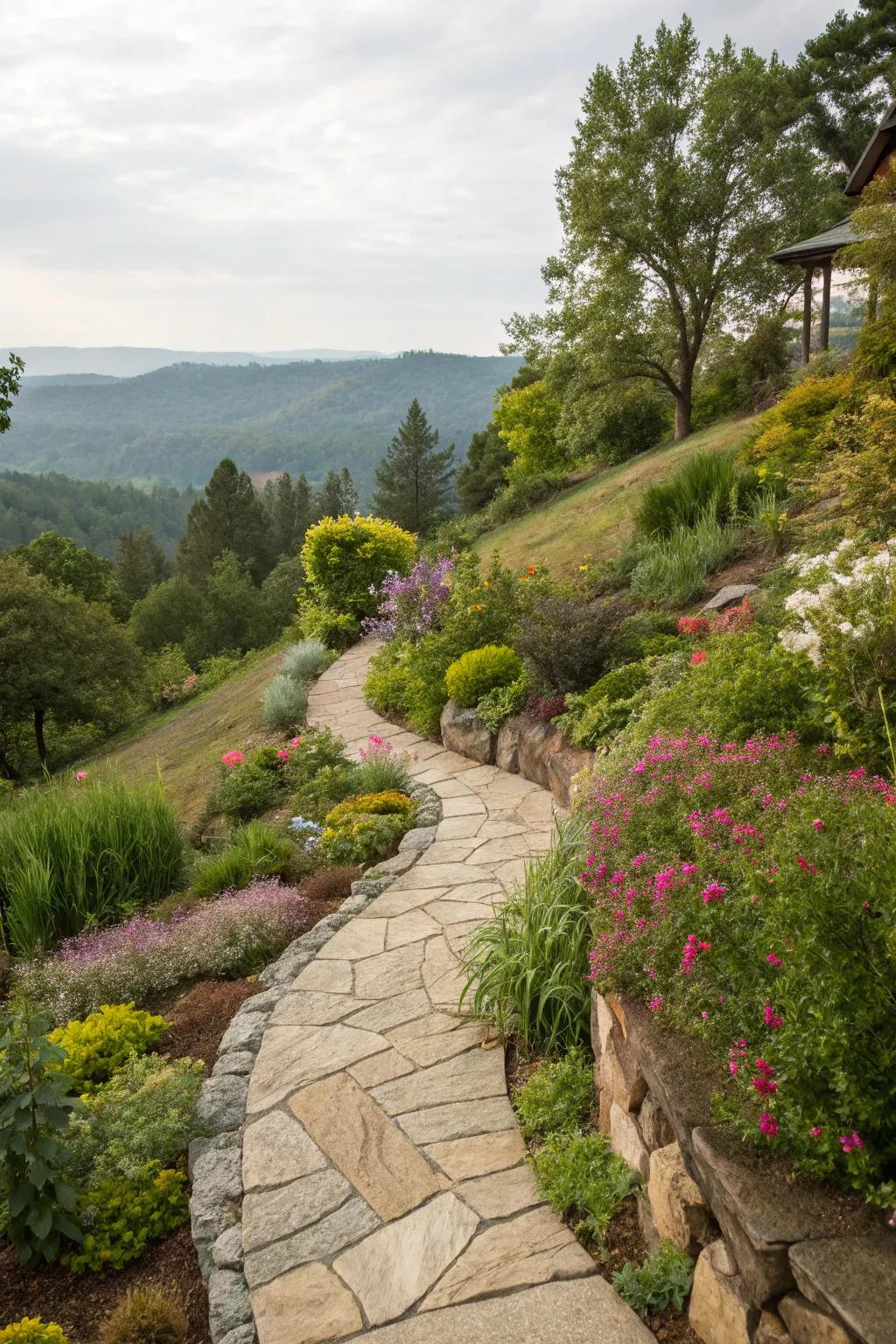 Stone walkways imbue beauty and improve access to your hillside.
