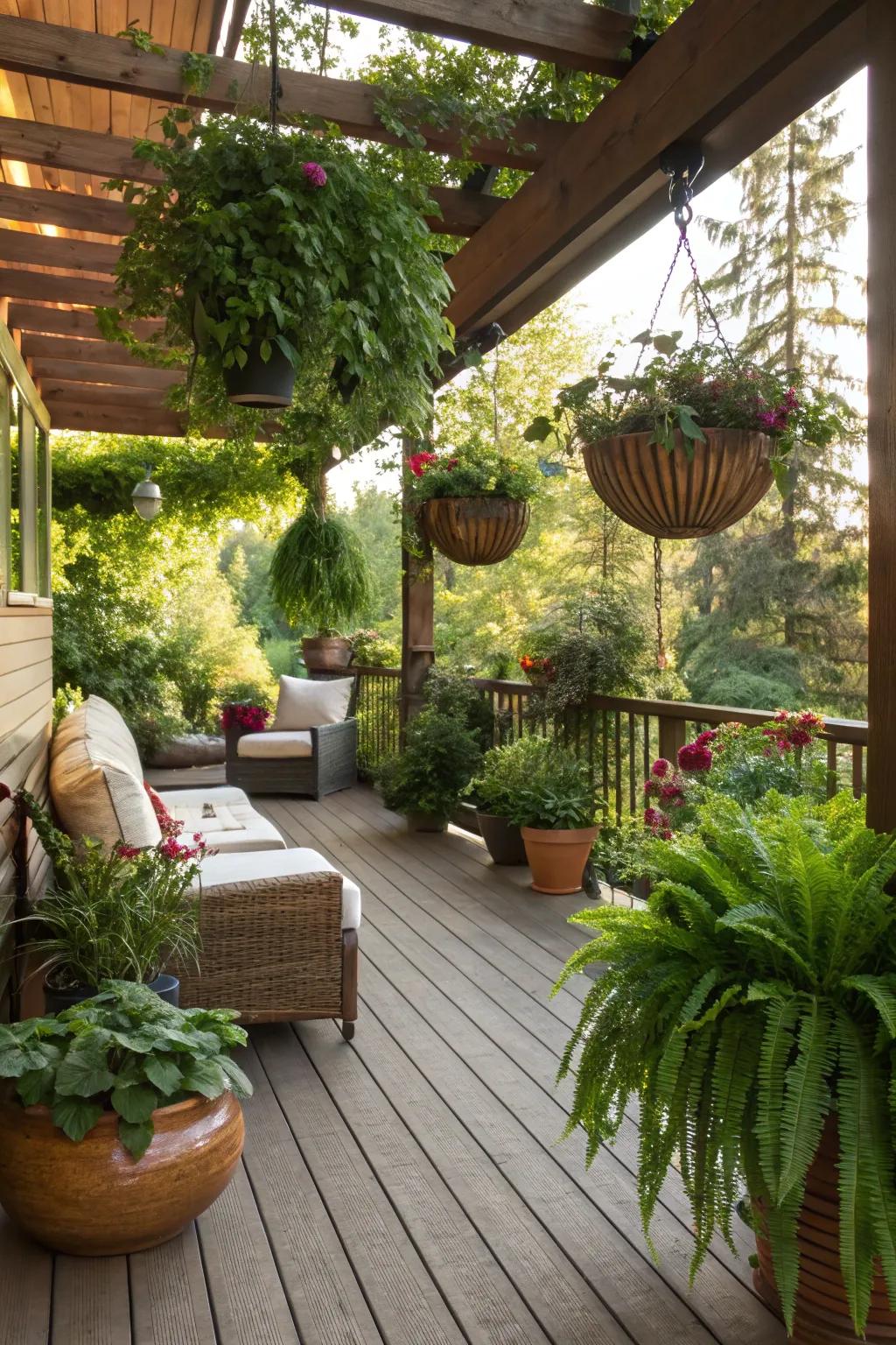 Nature-inspired decor with vibrant plants enhancing a veranda.