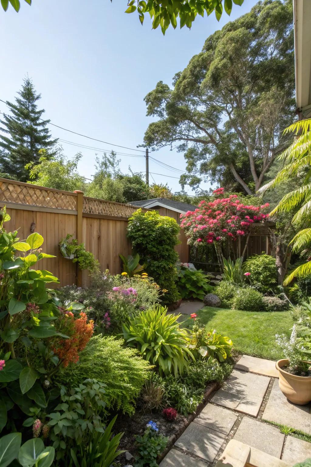 A vibrant backyard retreat is created by a variety of plants.