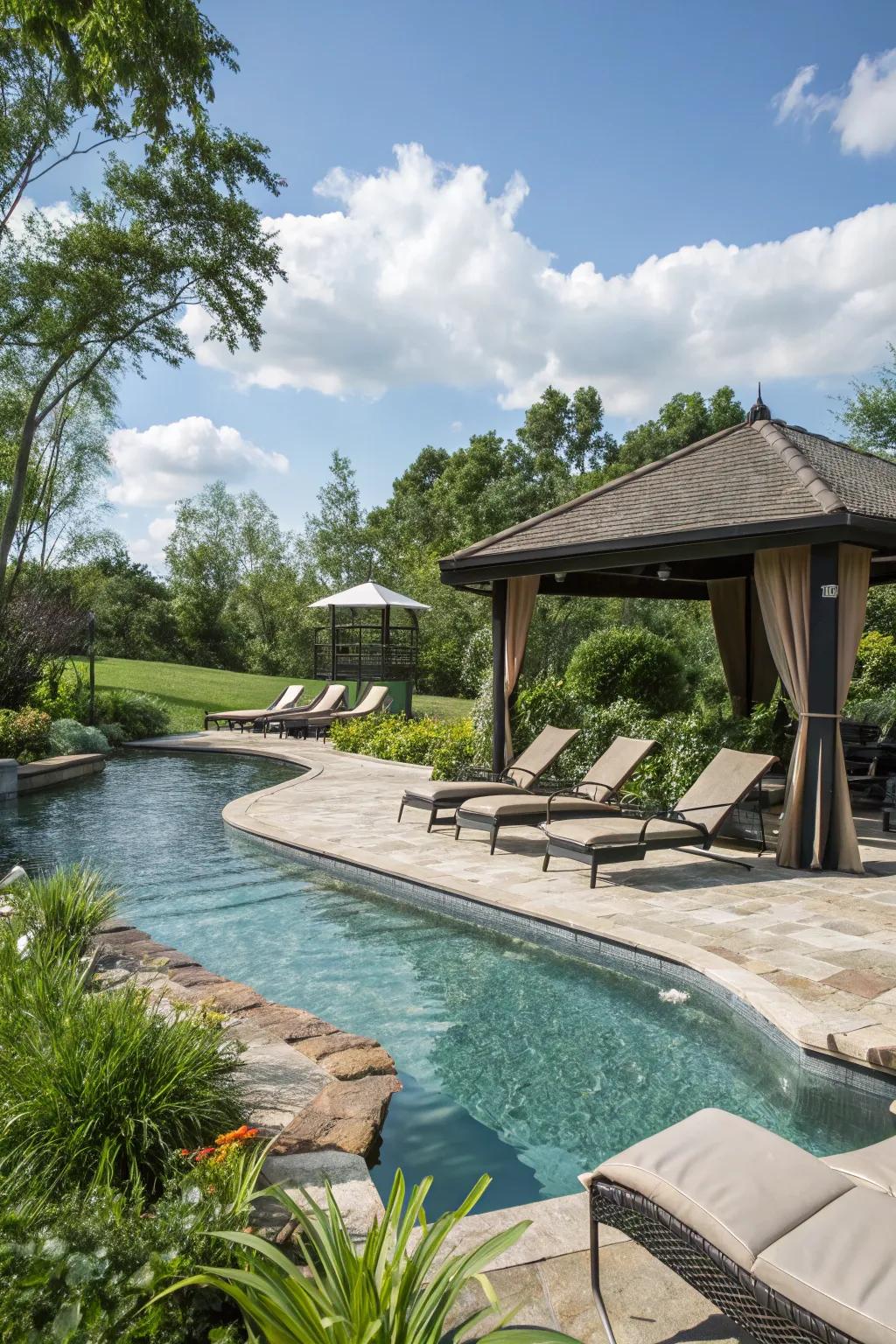 A serene seating area beside the lazy river, ideal for unwinding.