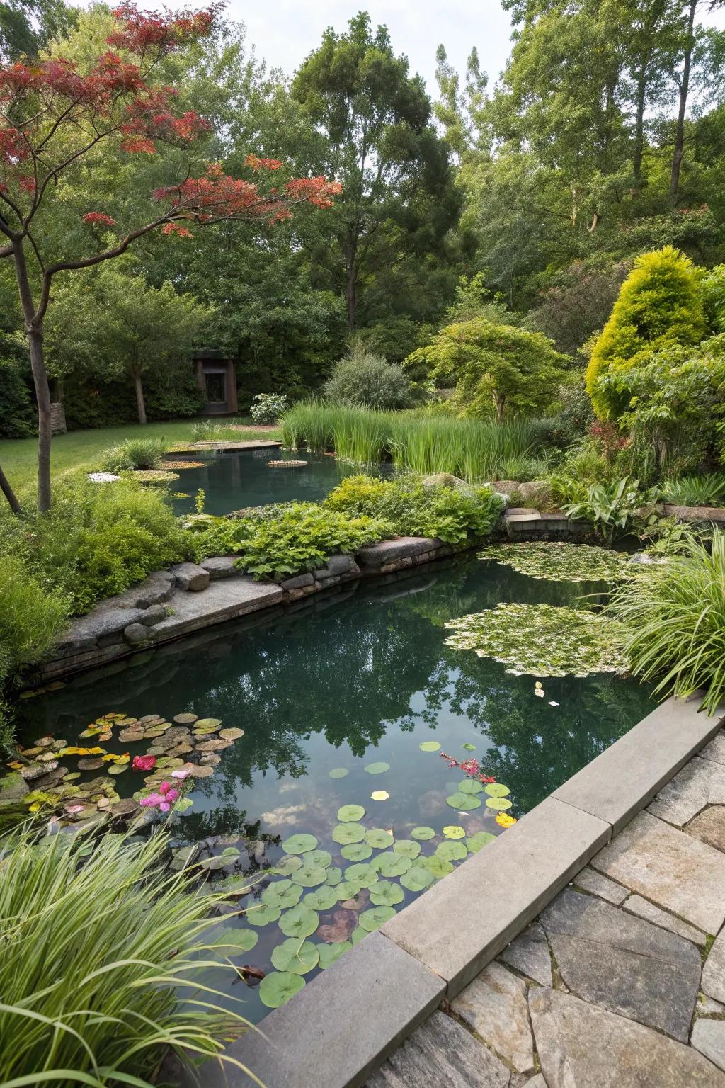 A serene all-natural pool with a drifting marsh for green upkeep.