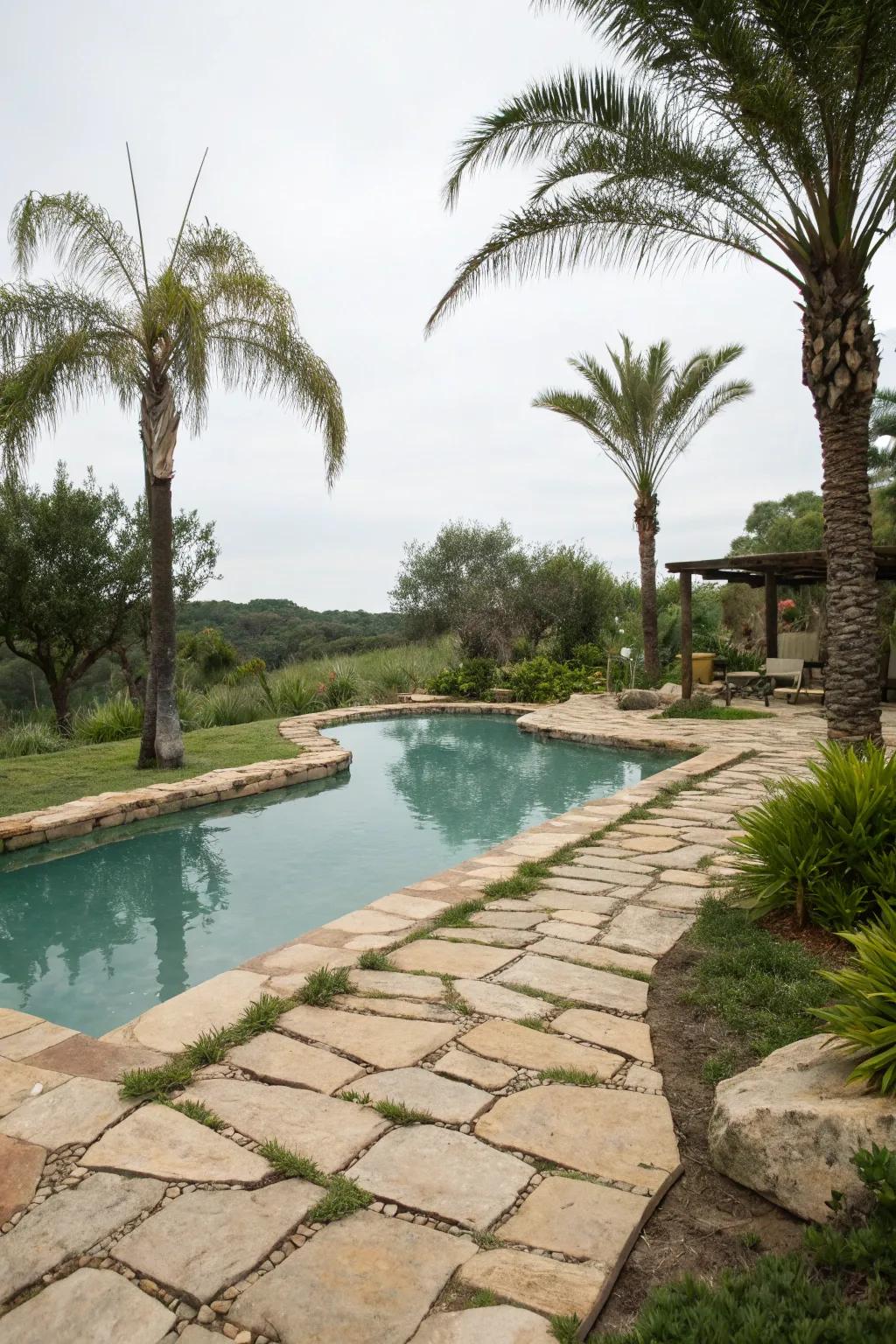 Natural stone walkways beautifully enhance the tropical setting.