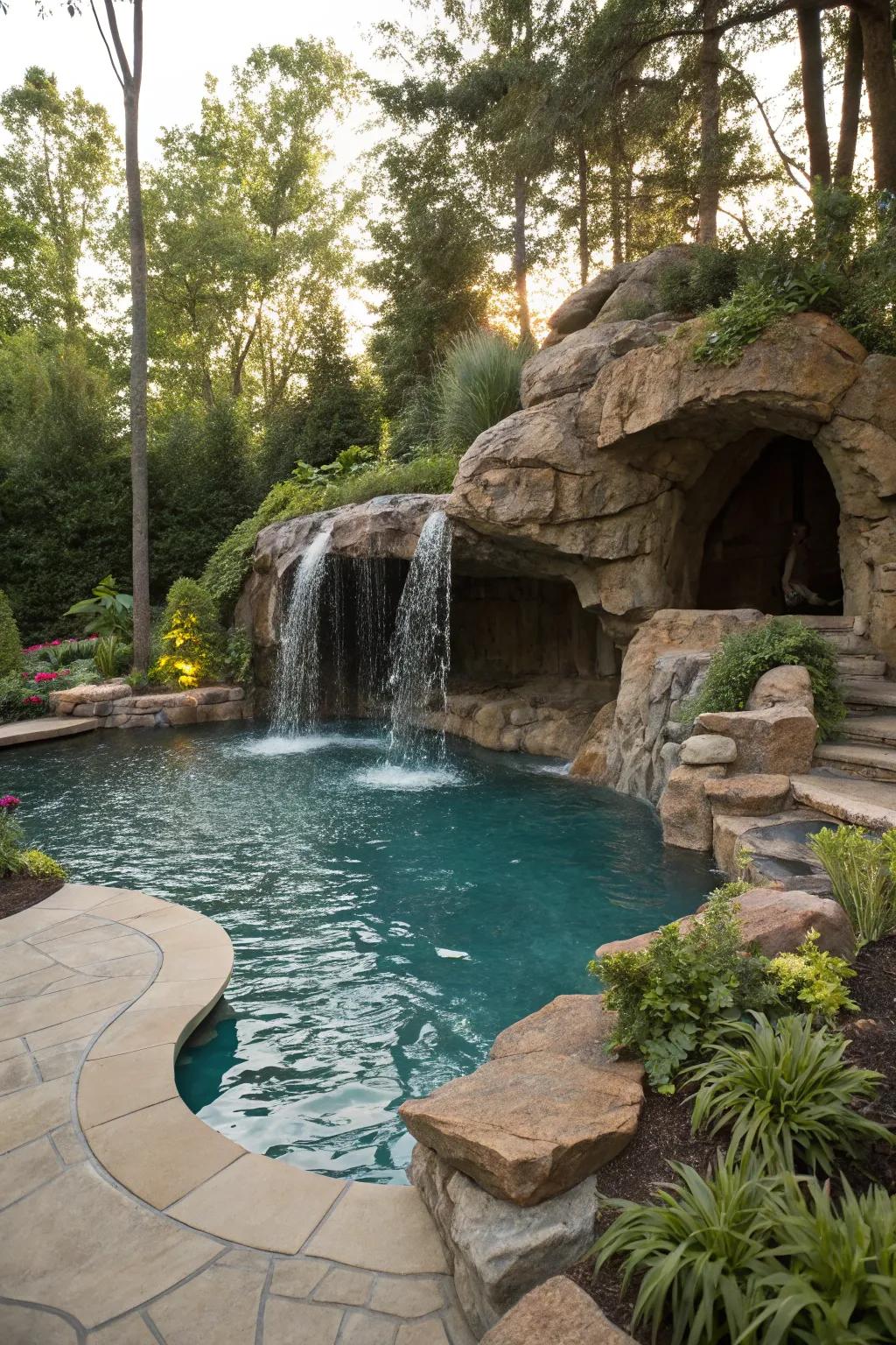 A grotto waterfall brings playful exploration to your pool area.