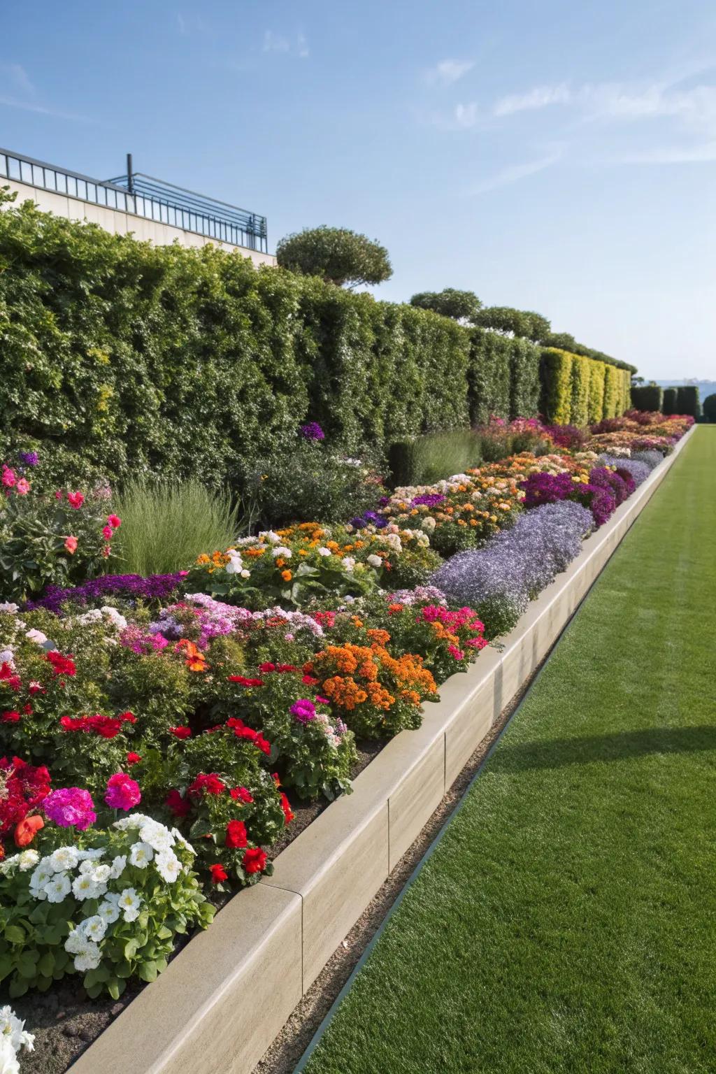 Vibrant artificial turf surrounds flower beds.