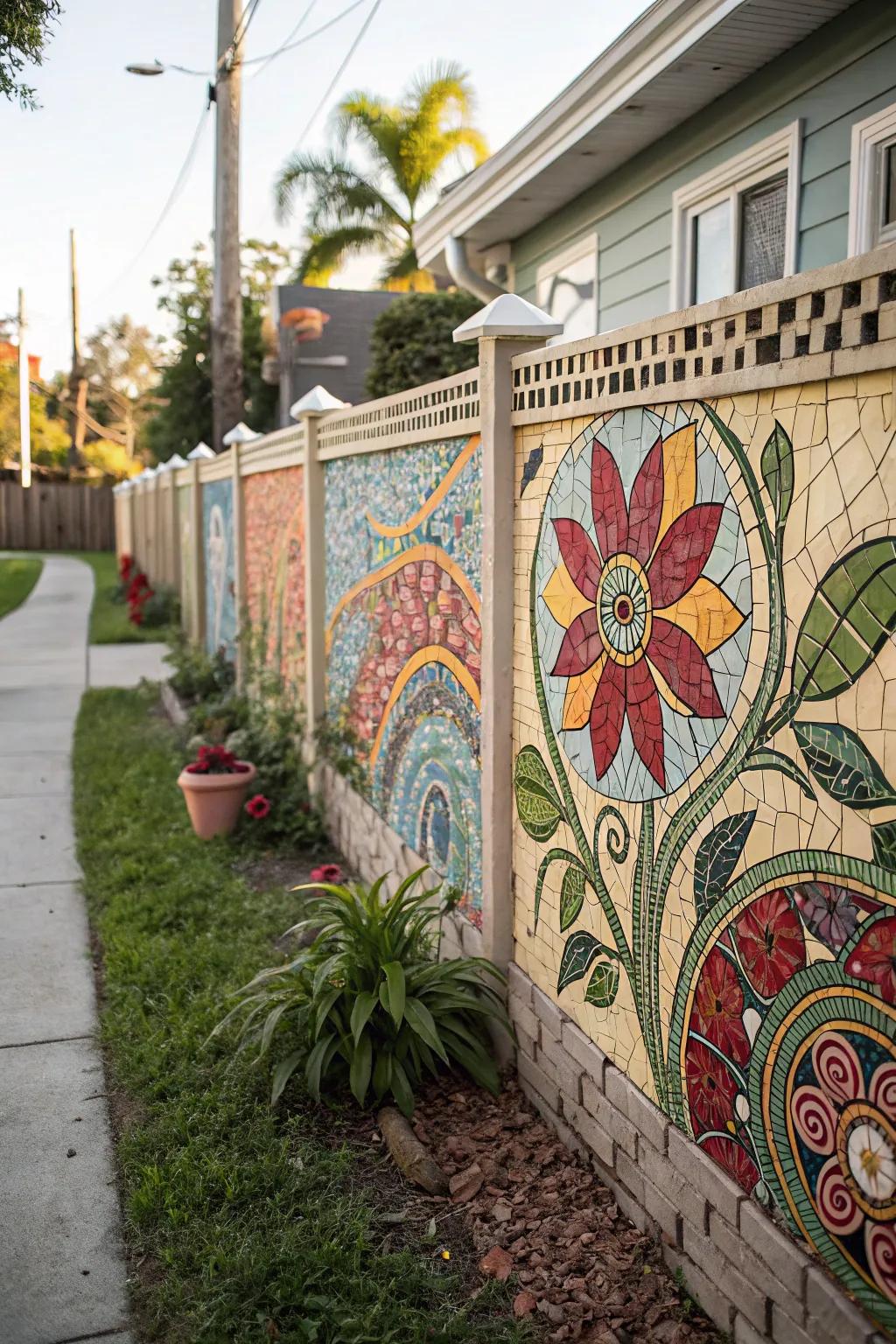 A mosaic wall serves as a striking artistic declaration.