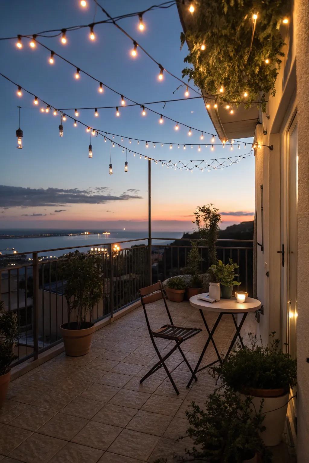 Twinkling lights lend a whimsical feel and cozy radiance to your balcony.