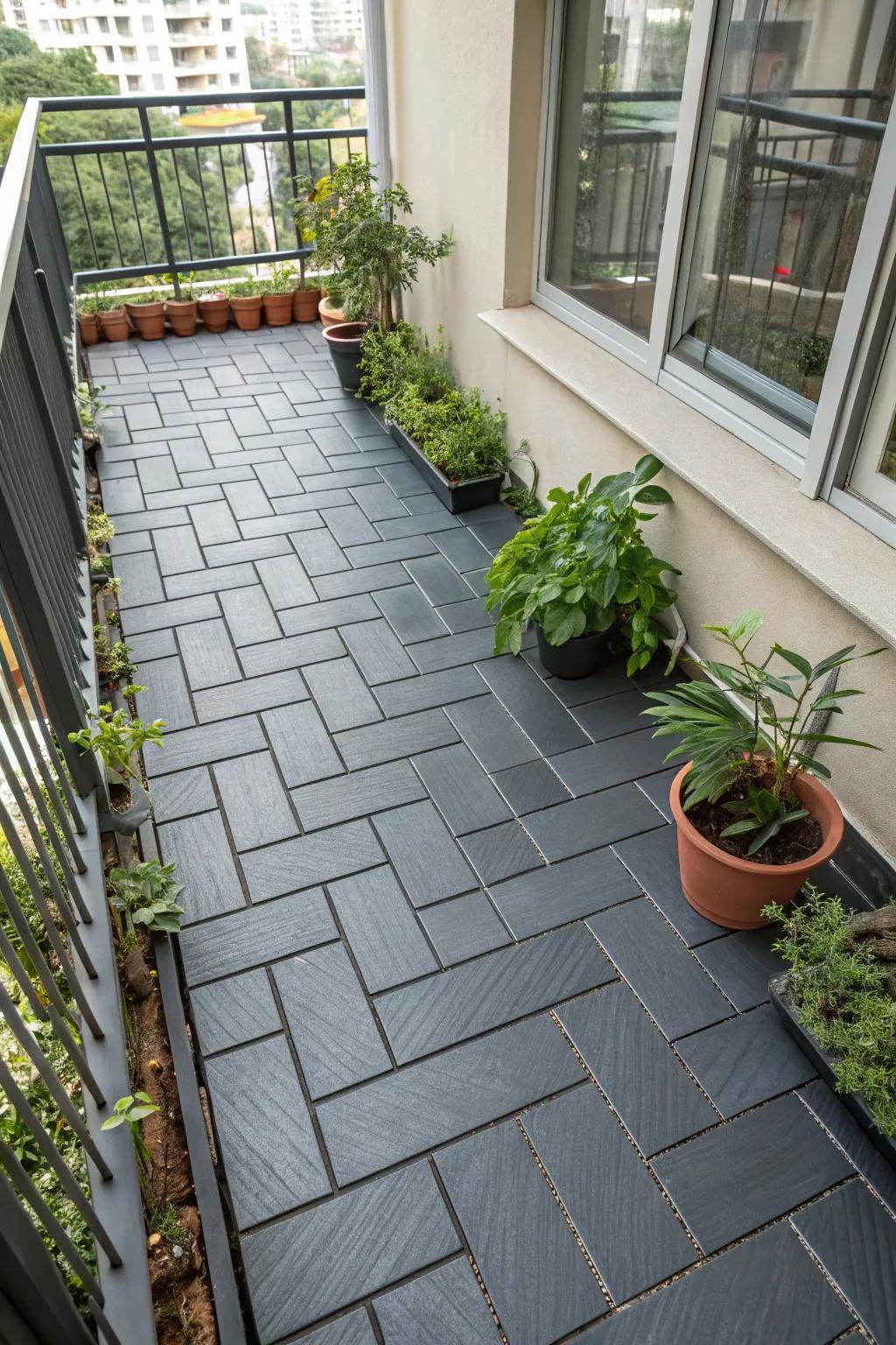 Snap-together flooring provides a smooth and elegant upgrade to your balcony.