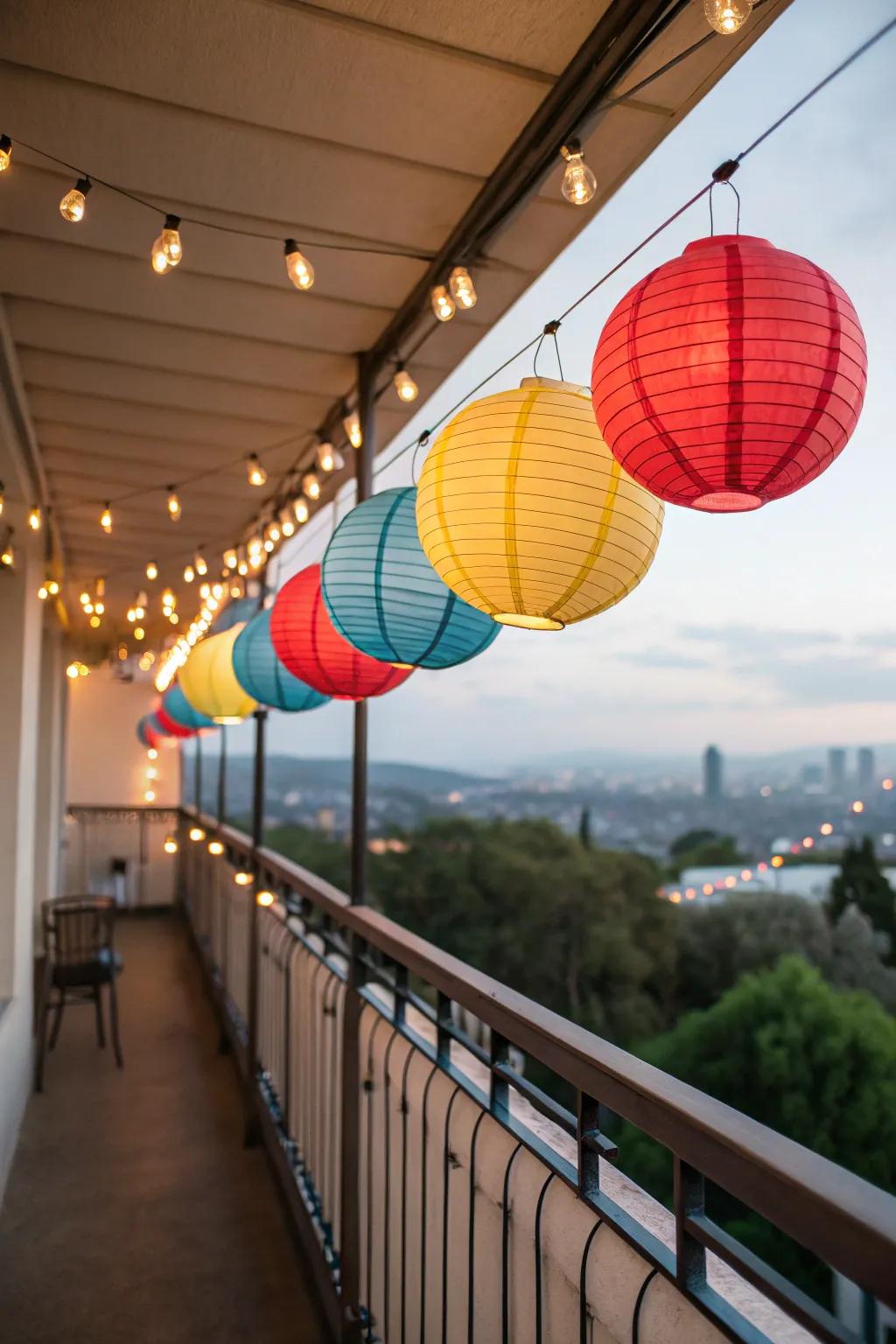 Paper lanterns introduce a whimsical and festive atmosphere to your balcony.