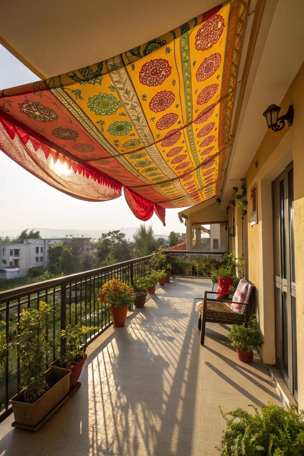 A balcony enlivened by a colorful fabric canopy that provides ample shade.