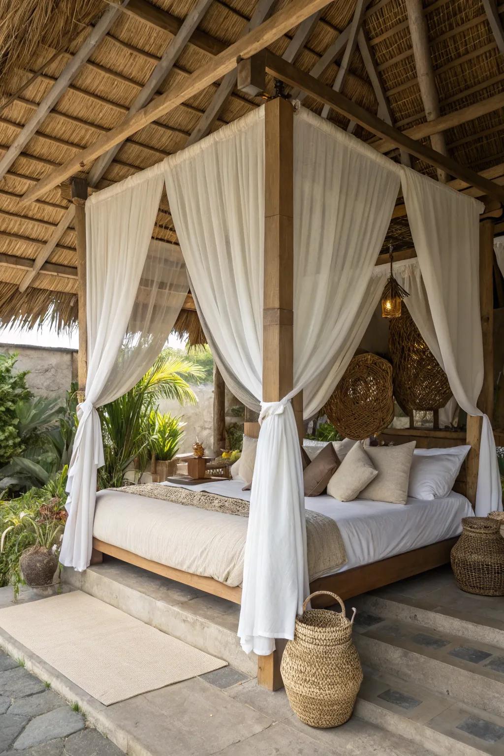 Drape beds provide a lavish and secluded ambiance.