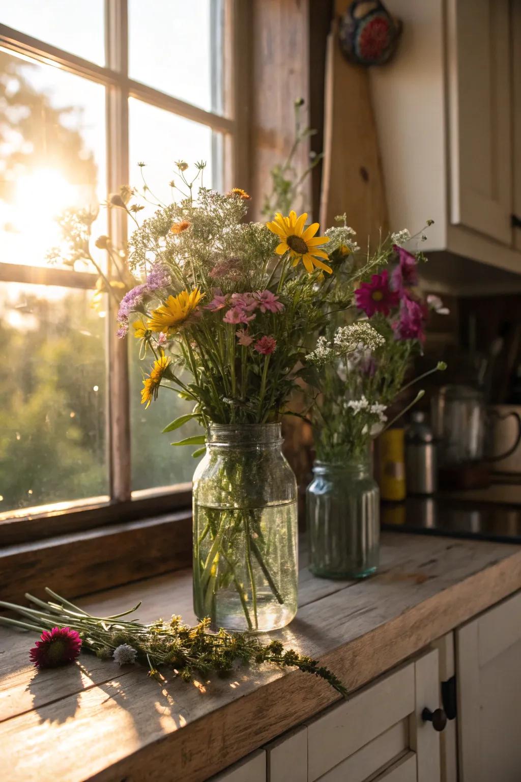 Country-style floral composition within vintage canning jars infuses natural charm.