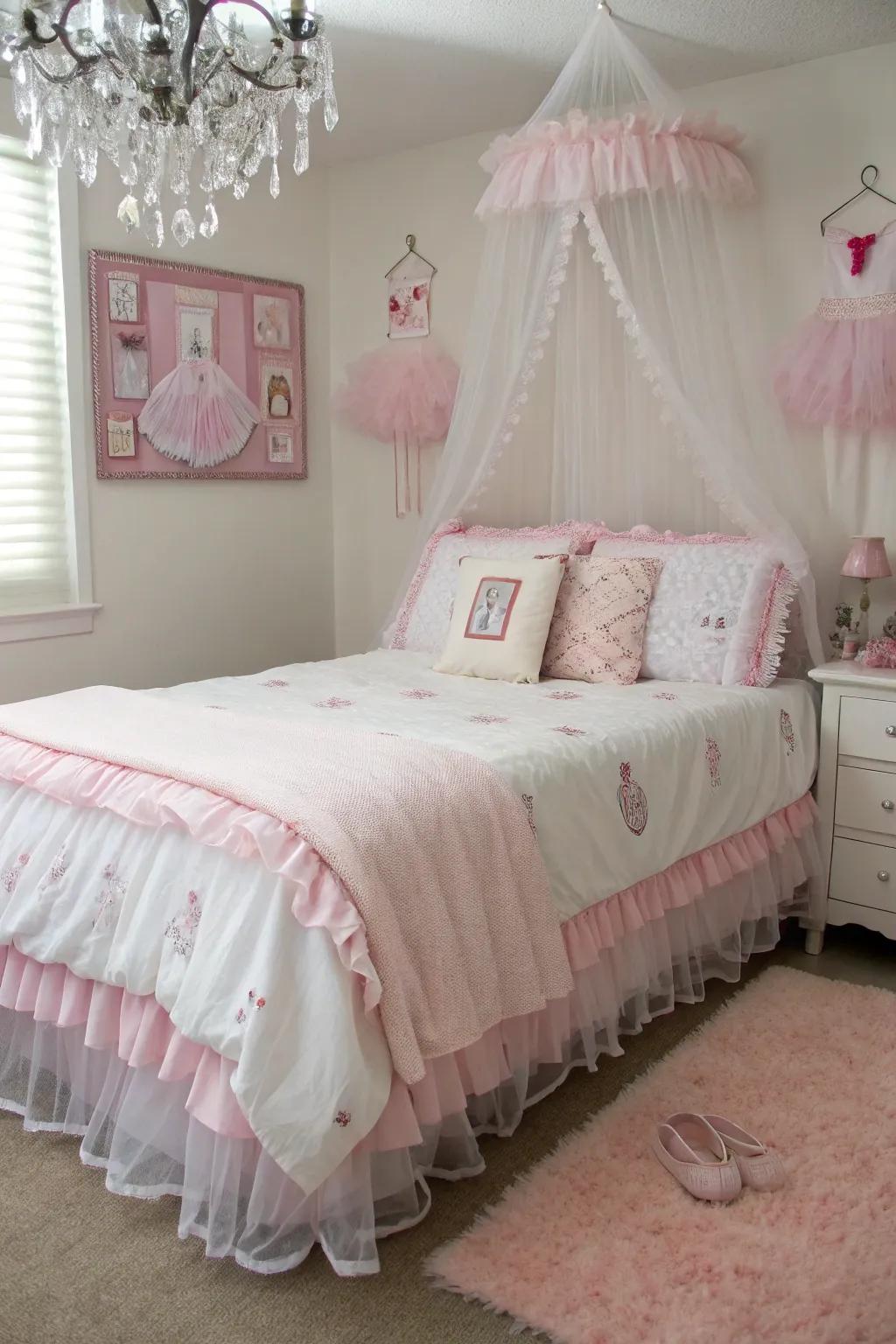 Frilled bedding adds a tutu-like charm to the bed.