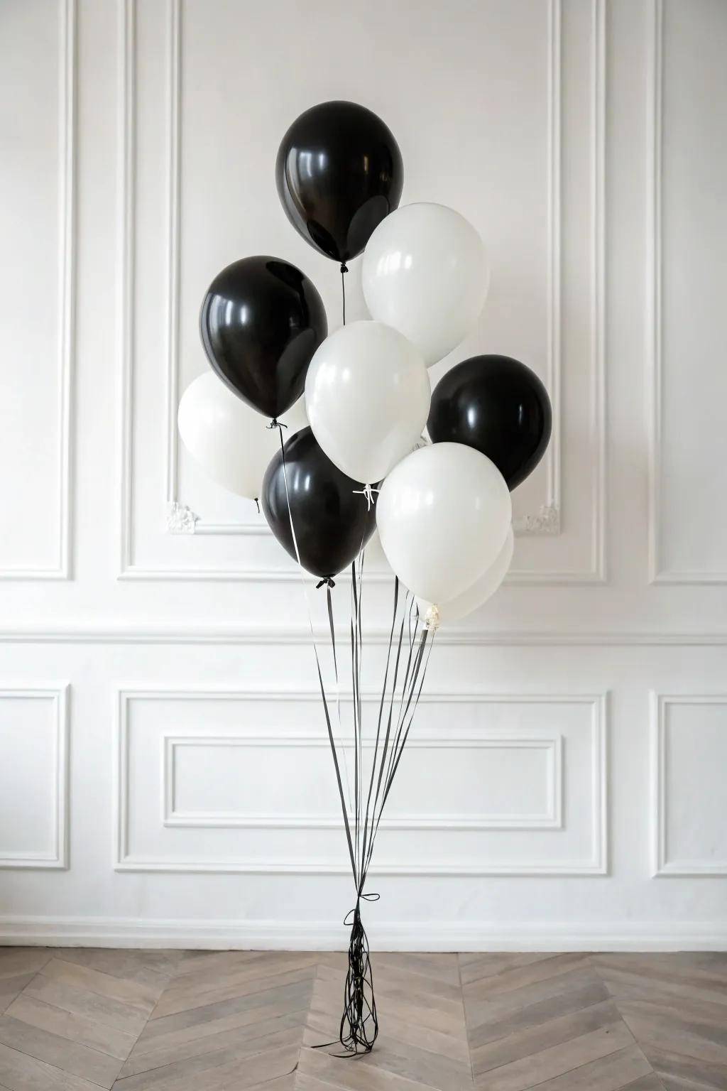 A chic monochrome balloon display perfect for a modern aesthetic.