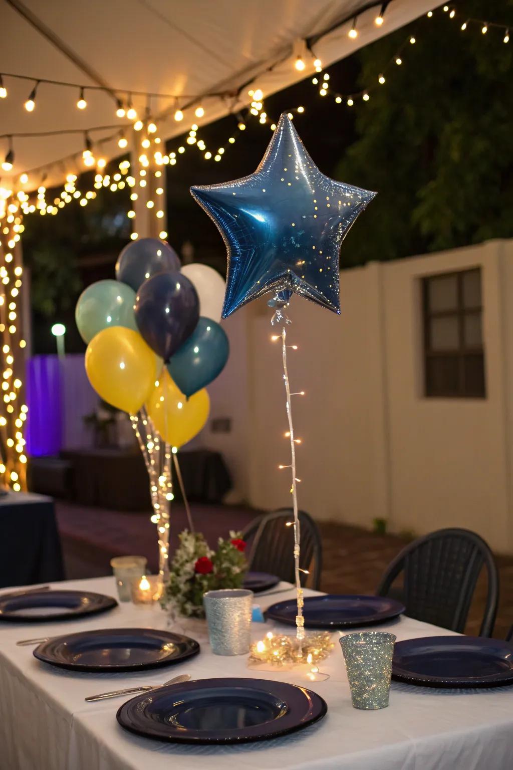 A celestial twilight-themed balloon centerpiece steals the spotlight.