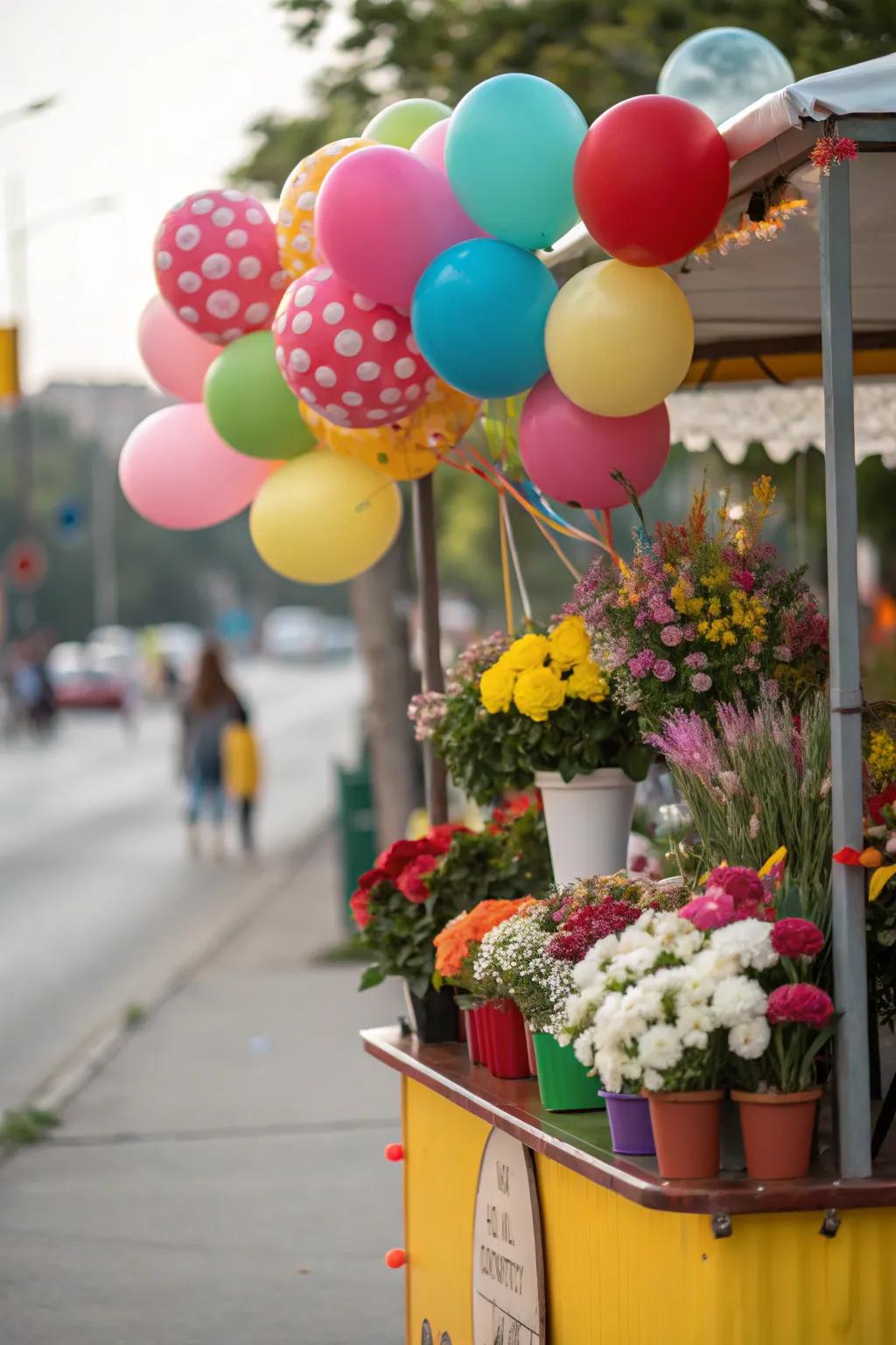 Flowers and balloons create a charming combination.