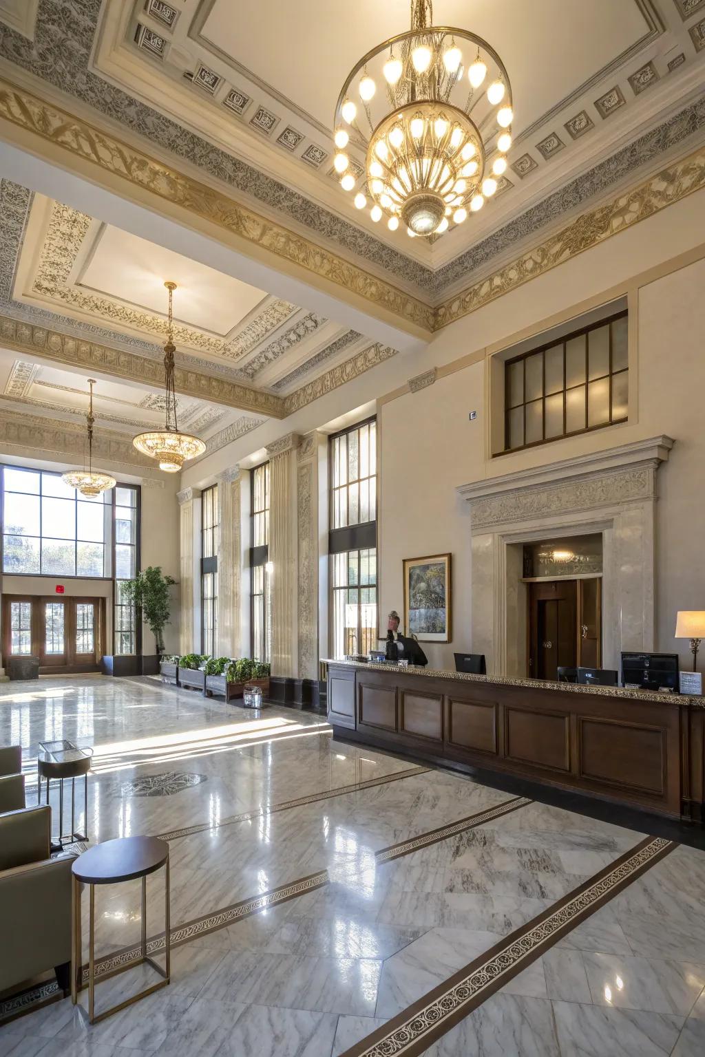 Ornamental illumination enhances the bank's atmosphere and refinement.