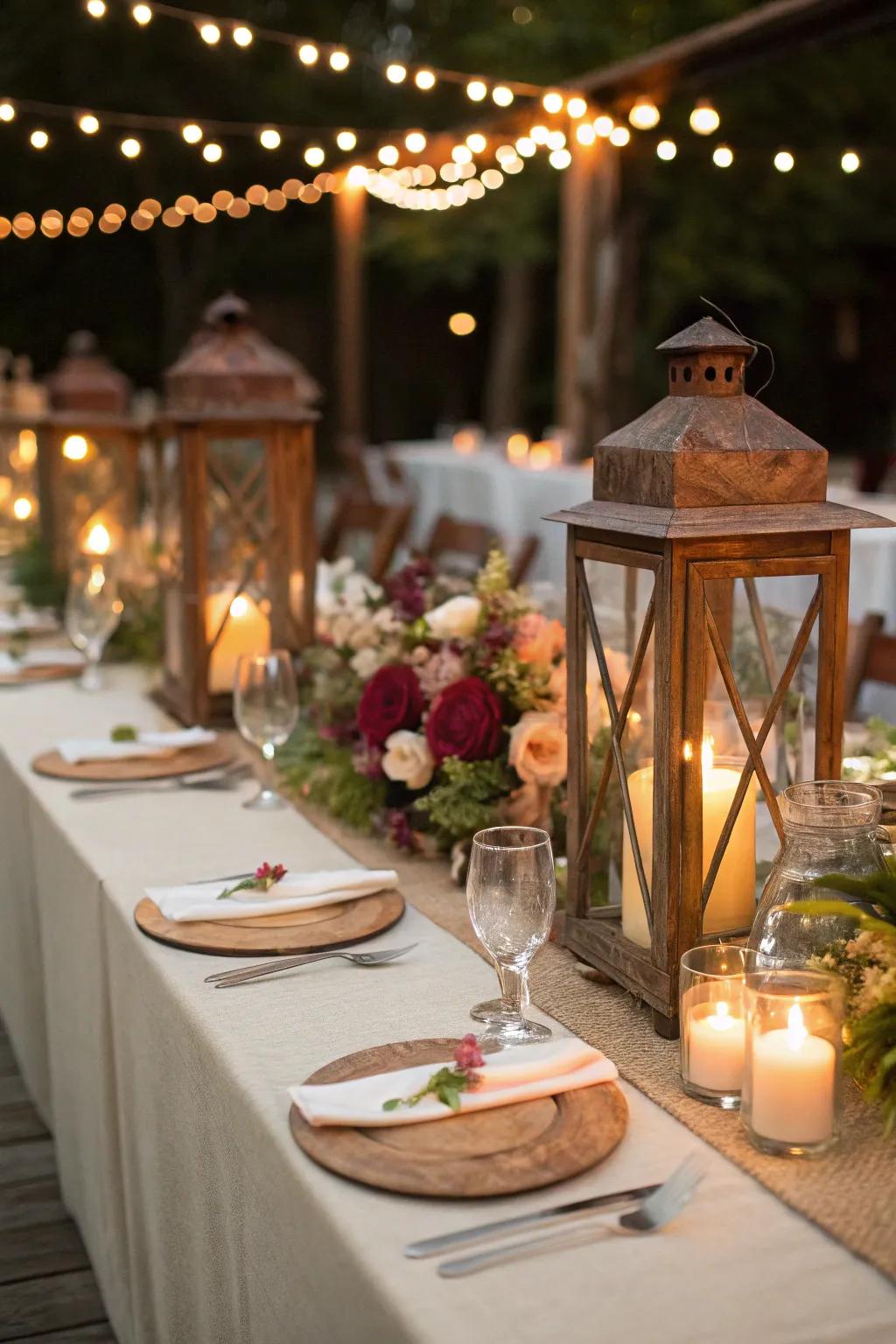 Rustic lanterns imbuing the table with a captivating, gentle light.