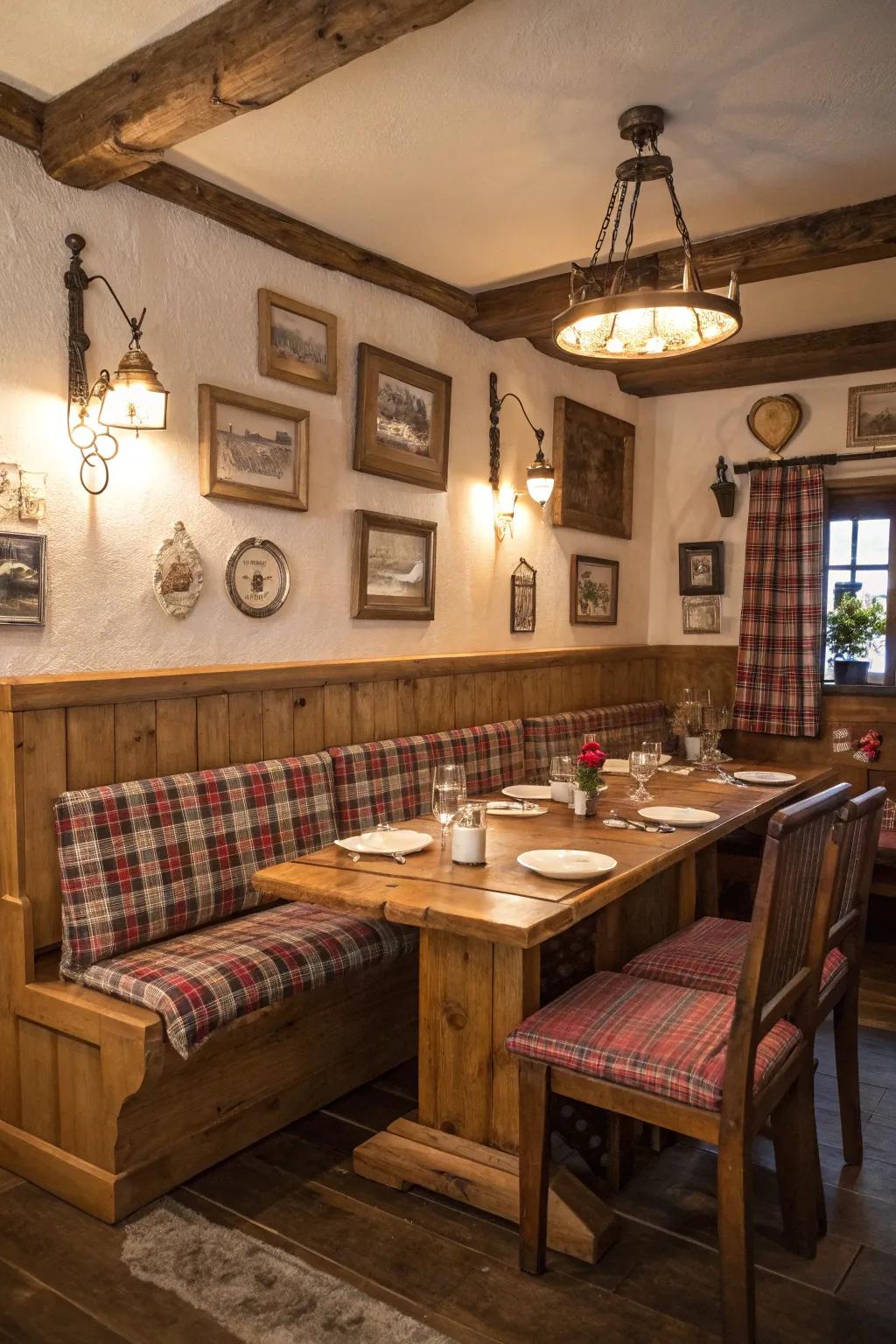 A country-style dining area showcasing timber banquette seating for a warm, inviting ambiance.