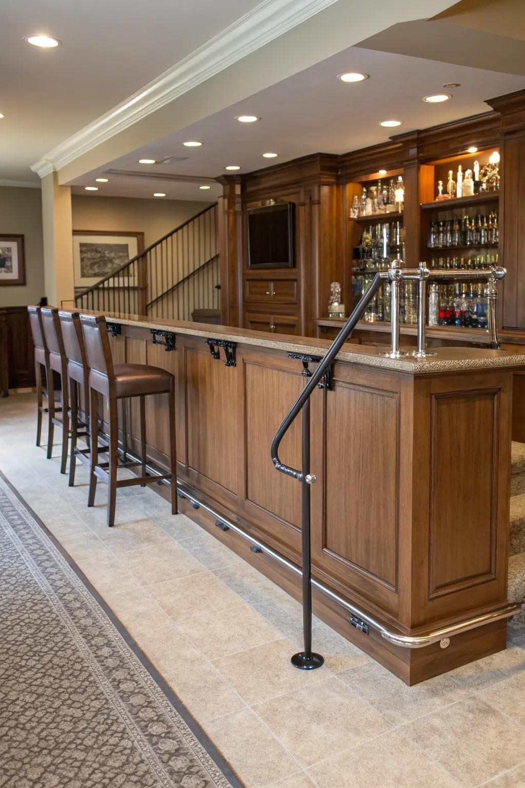 Adaptable foot rails for a custom bar setting.