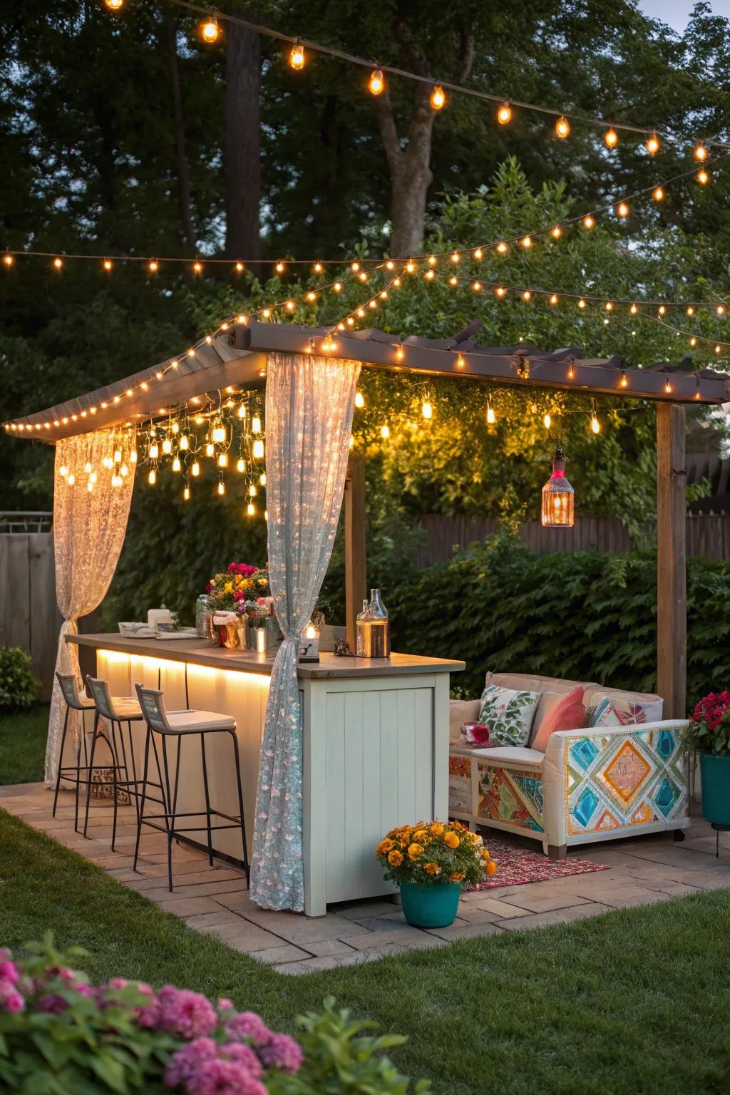 Fairy lights conjure a magical ambiance for any outdoor bar experience.