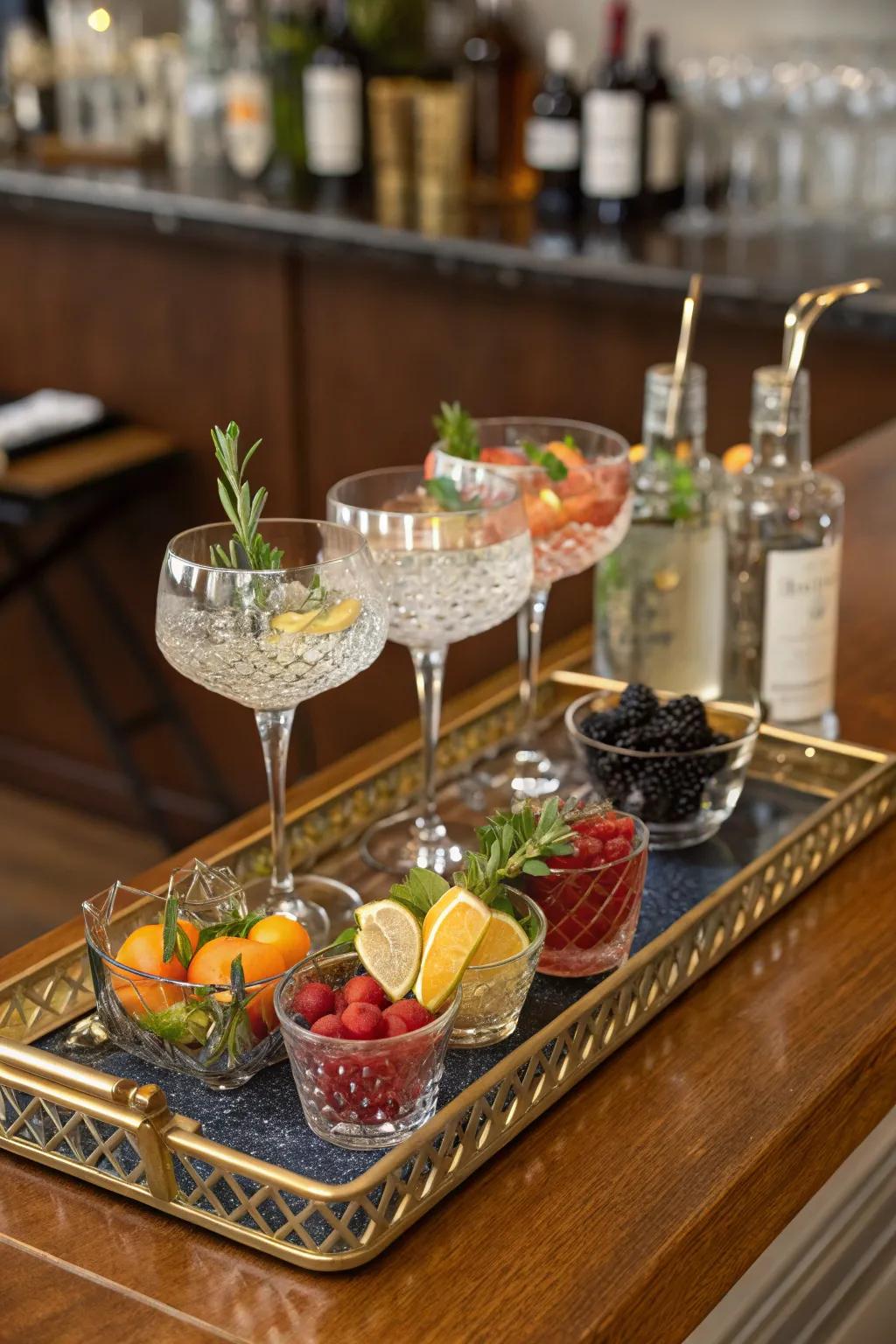 Decorative trays maintain a chic and tidy bar space.