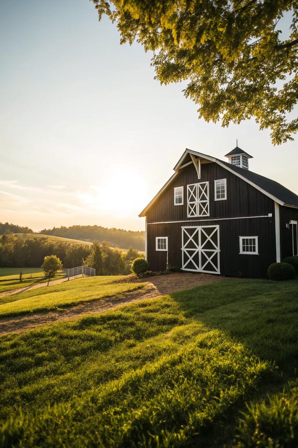 A barn with trim in contrasting shades that accentuates its structural aspects.