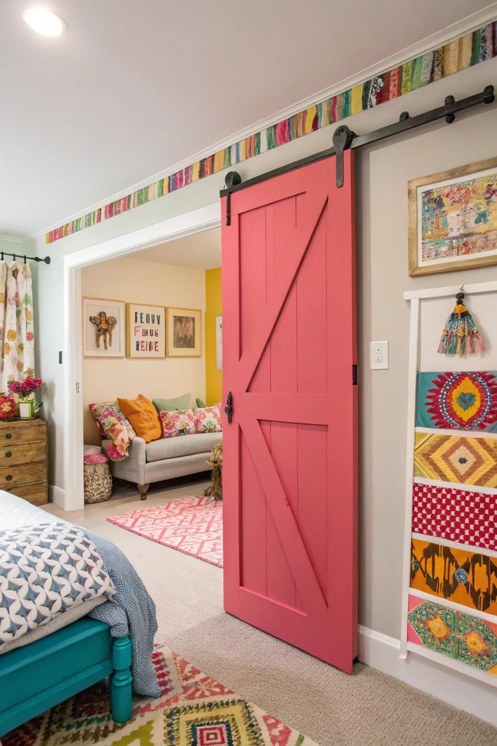 A lively barn door brings a burst of color to this varied bedroom.