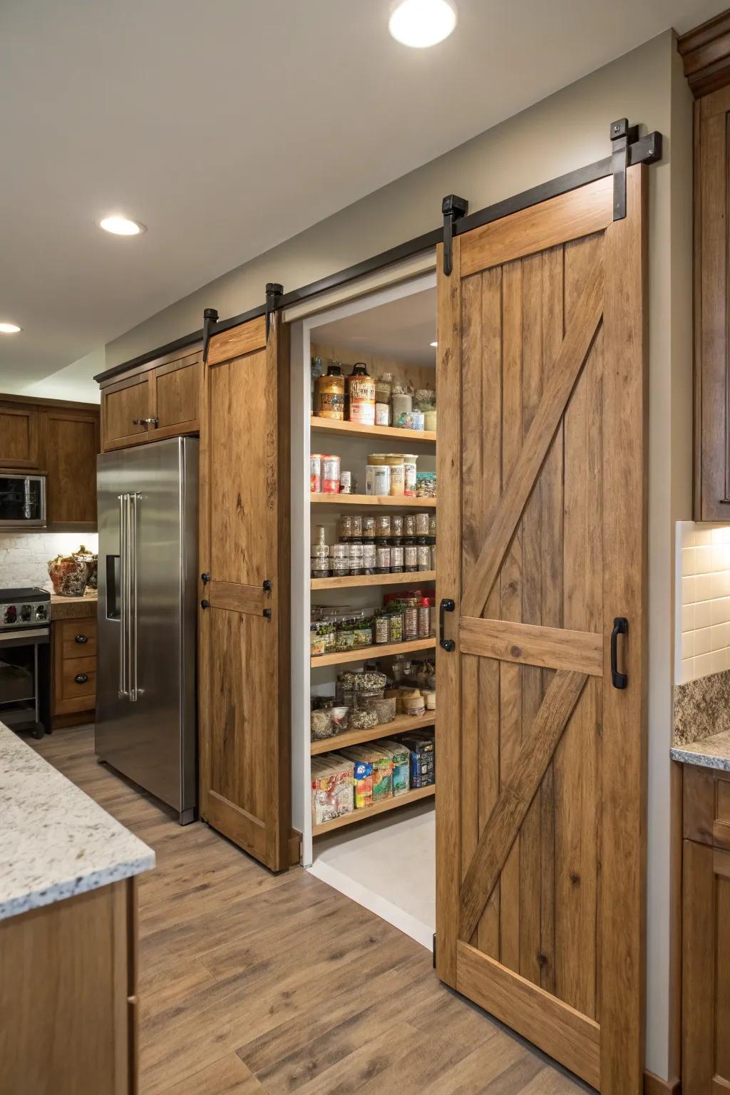 A kitchen featuring a double sliding barn door pantry.