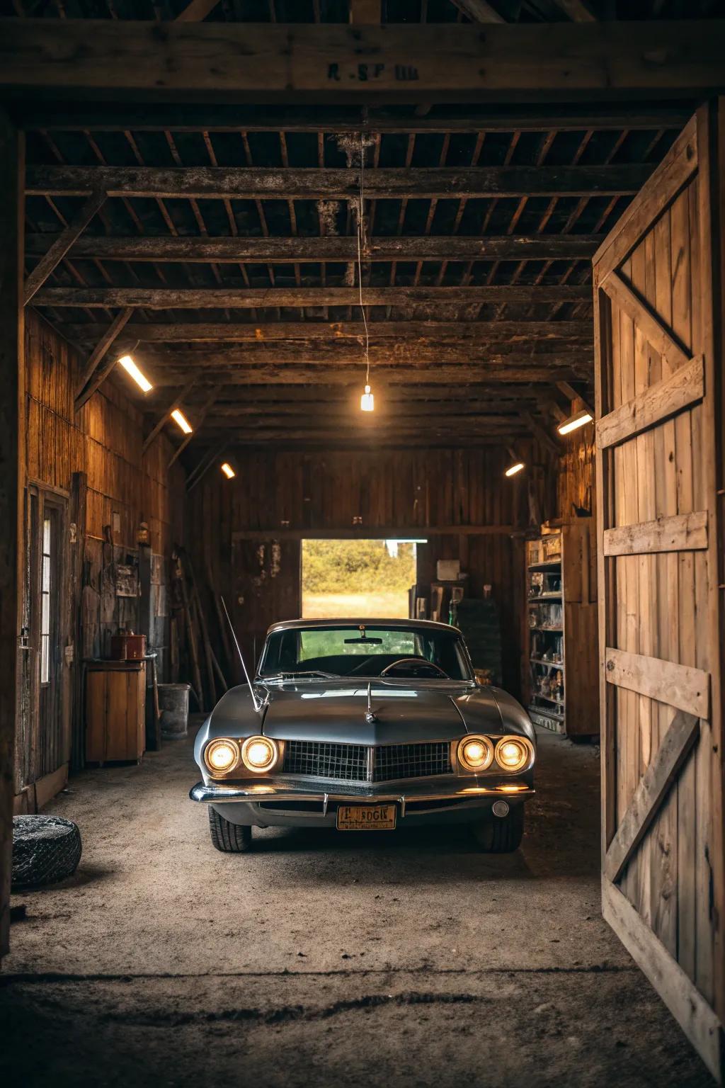 A classic car turns into a stunning main point in this barn garage.