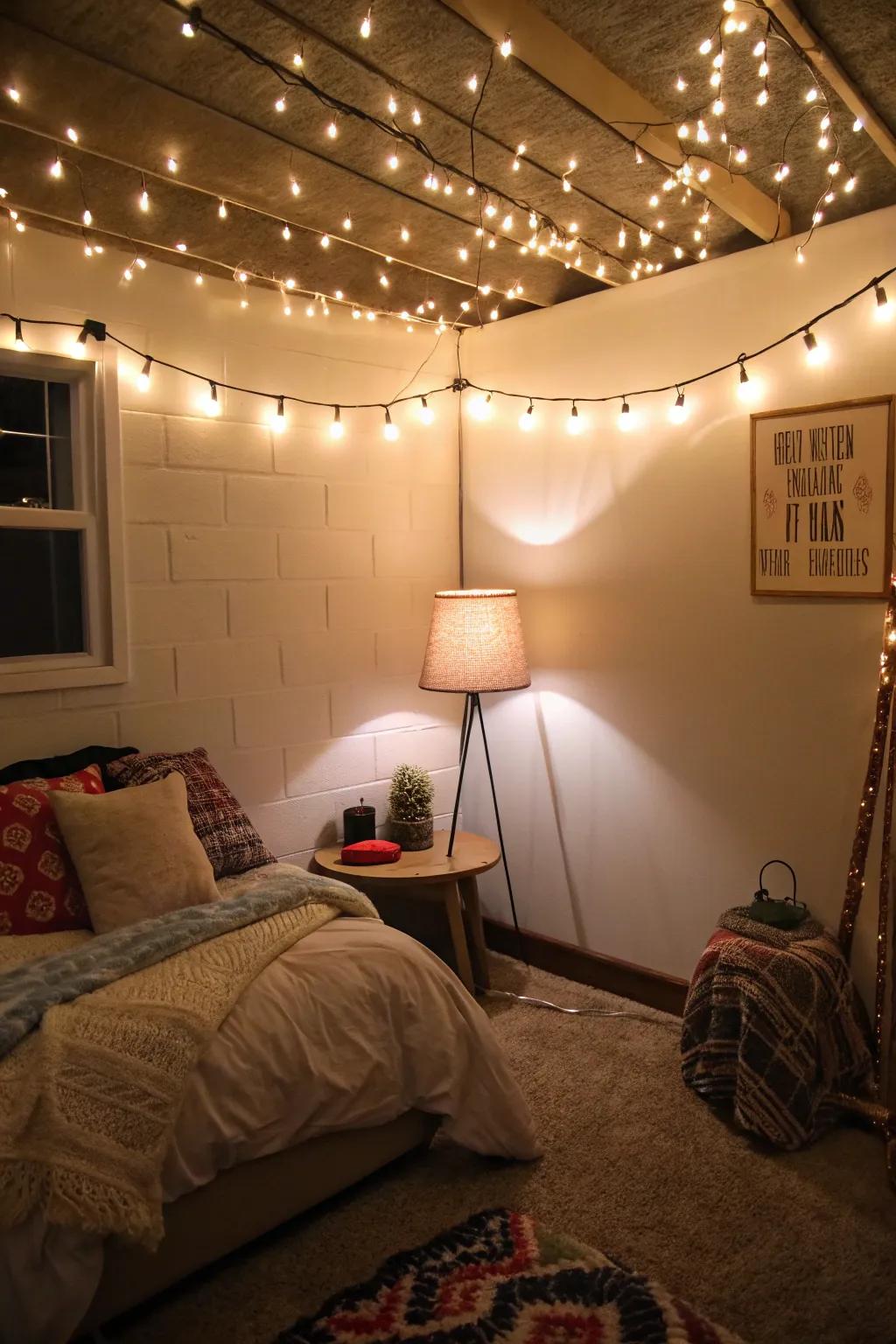 Fairy lights and gentle lamps deliver a cozy ambiance to this basement bedroom.