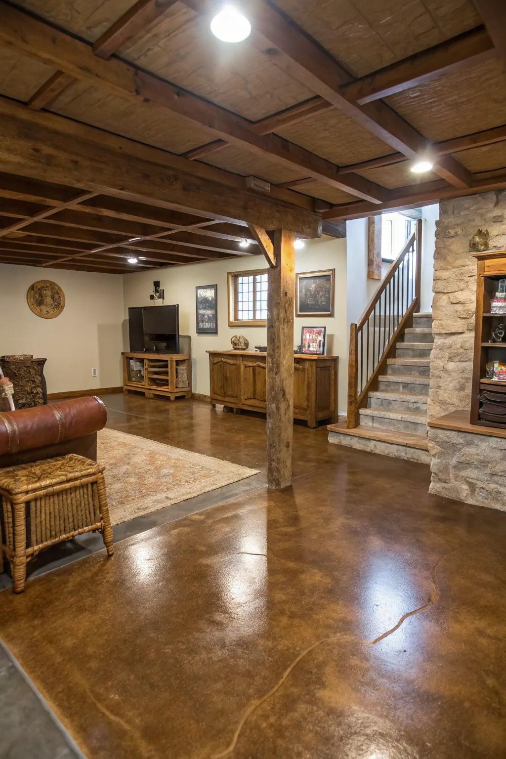 Rustic decor is enhanced by the depth and color that custom staining gives to concrete floors.
