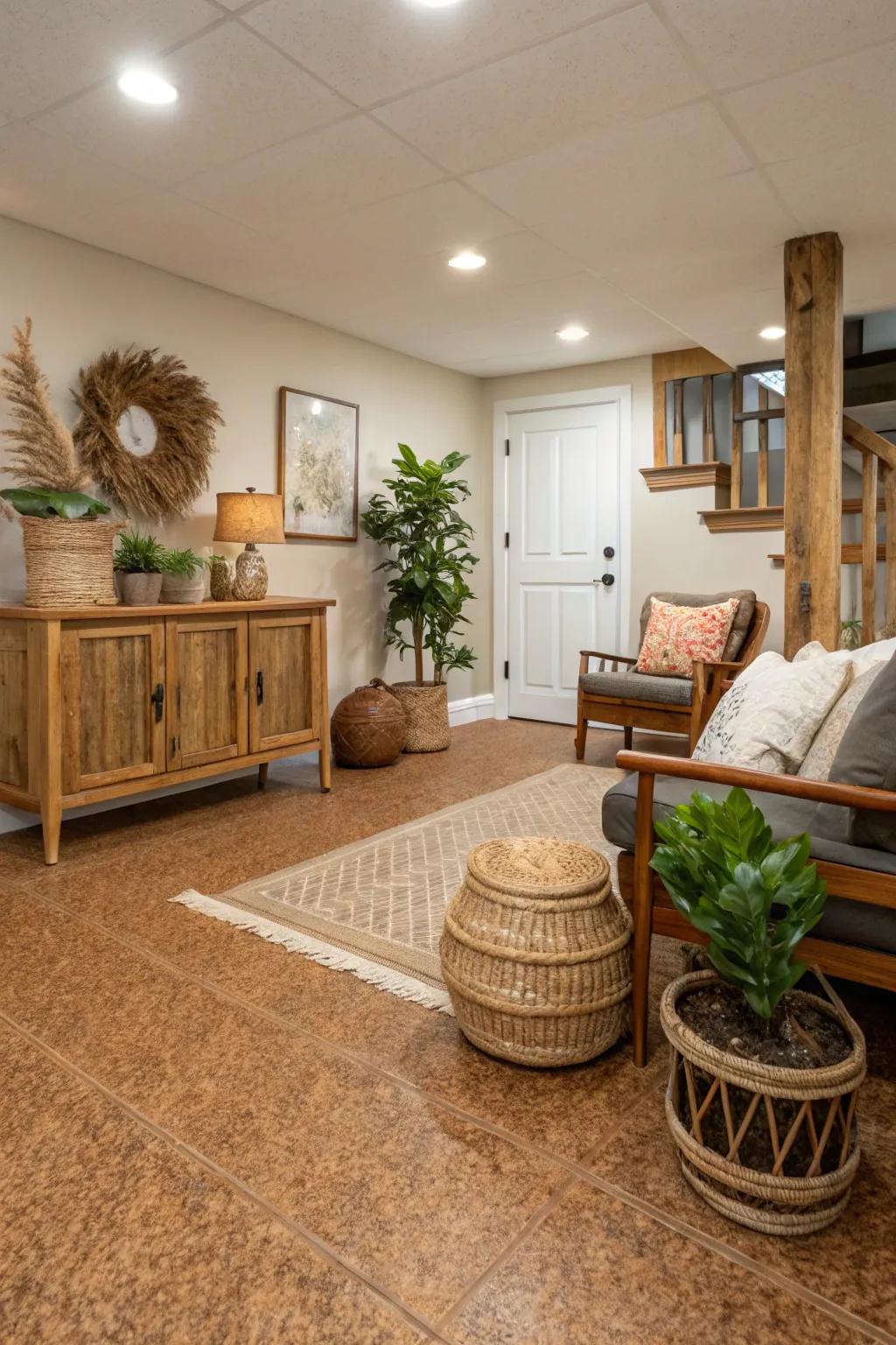 Cork flooring introduces natural warmth and effectively reduces sound.