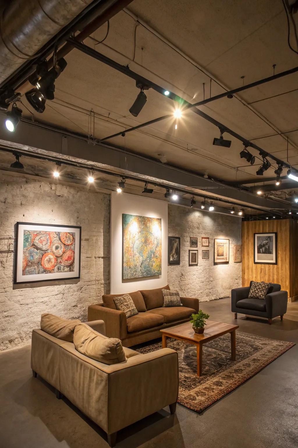 Track lighting introduces versatility and focus to your basement.