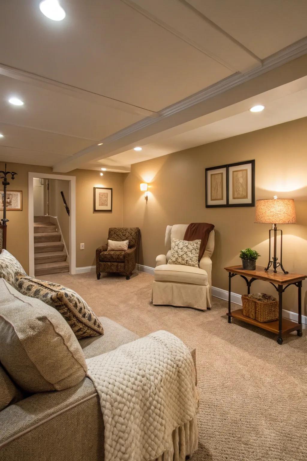 Tan walls and warm lighting craft a snug ambiance.