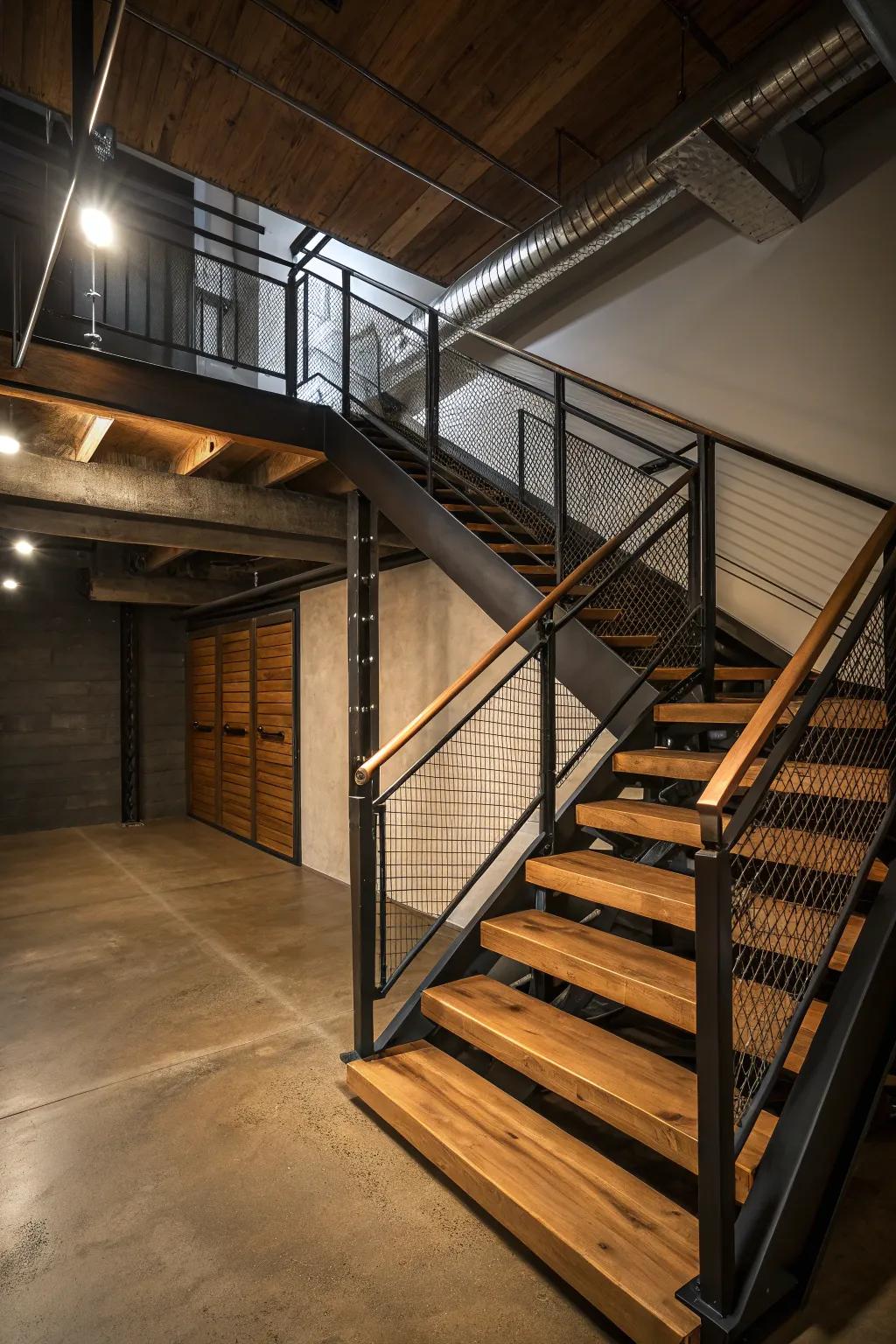 A flawless amalgamation of wood and metal for an up-to-date stairway design.