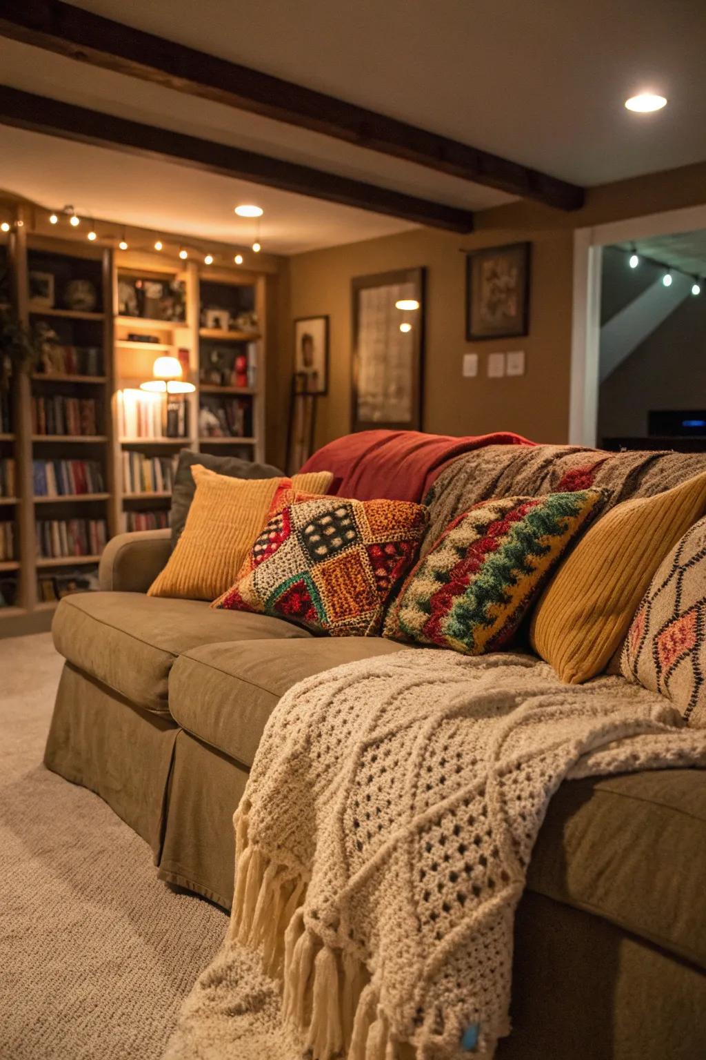 Decorative cushions and throws contribute warmth and feel.