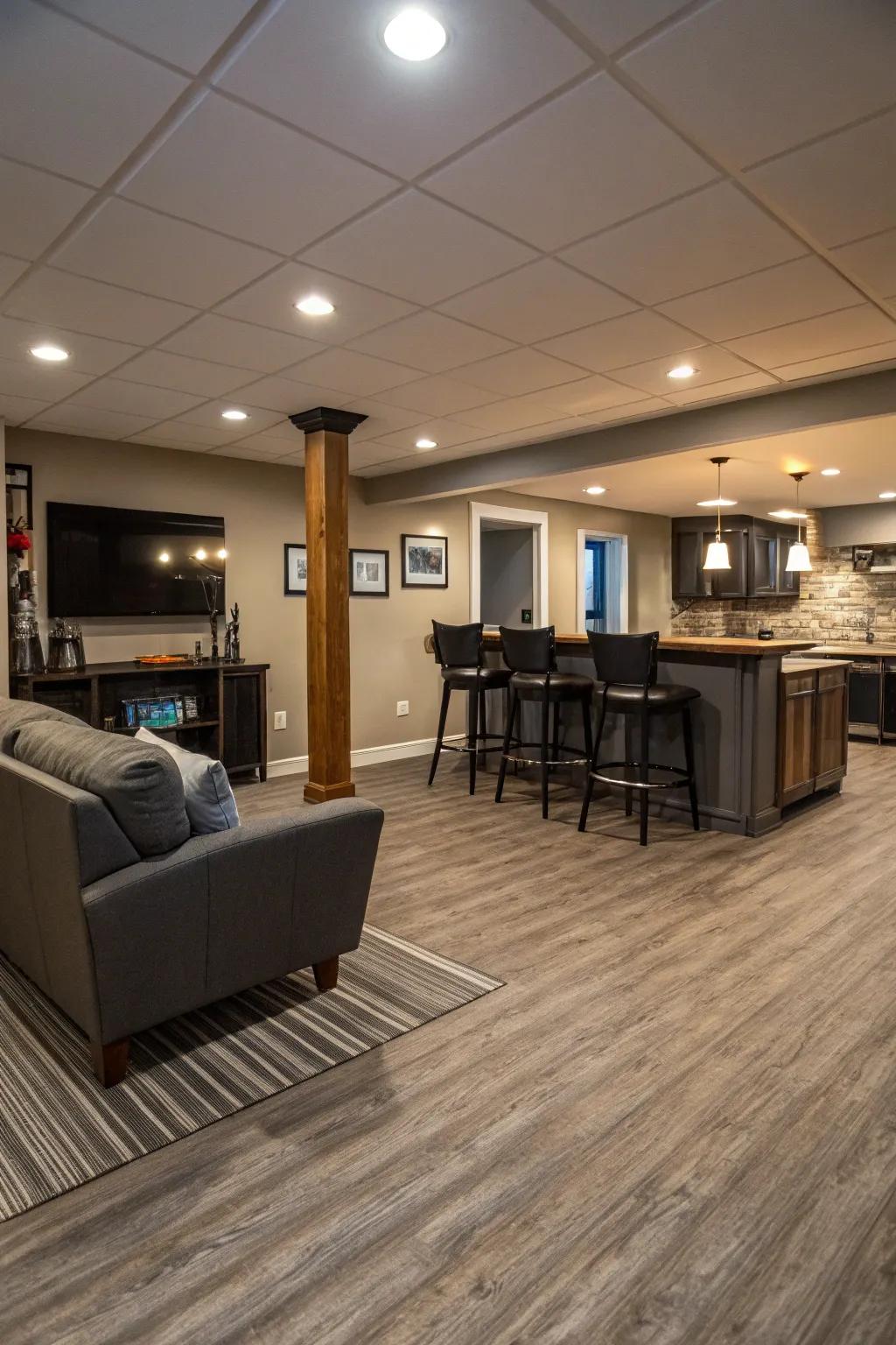 Water-resistant vinyl flooring offers durability and flair.