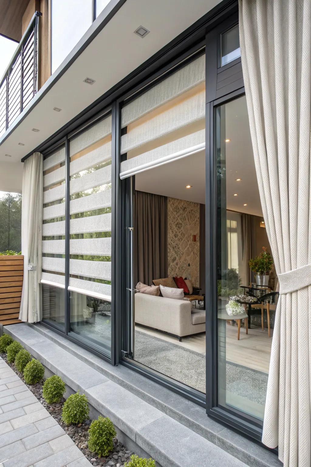 Layered curtains and roller shades offer versatility in light control.