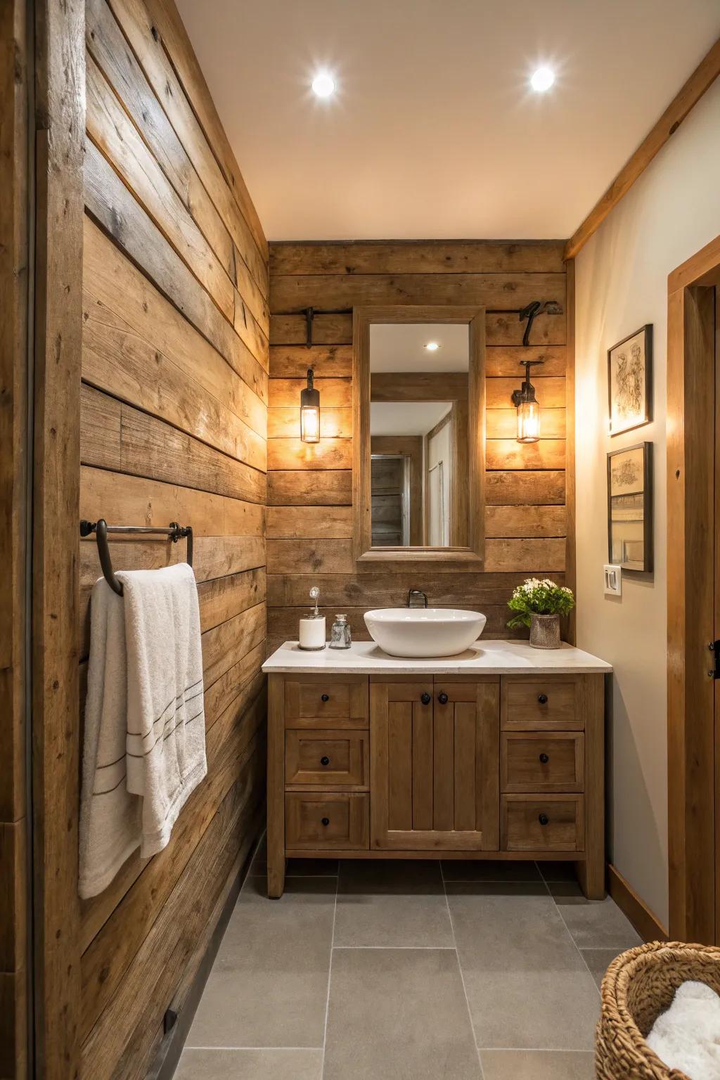 Wood paneling introduces warmth and rustic appeal.
