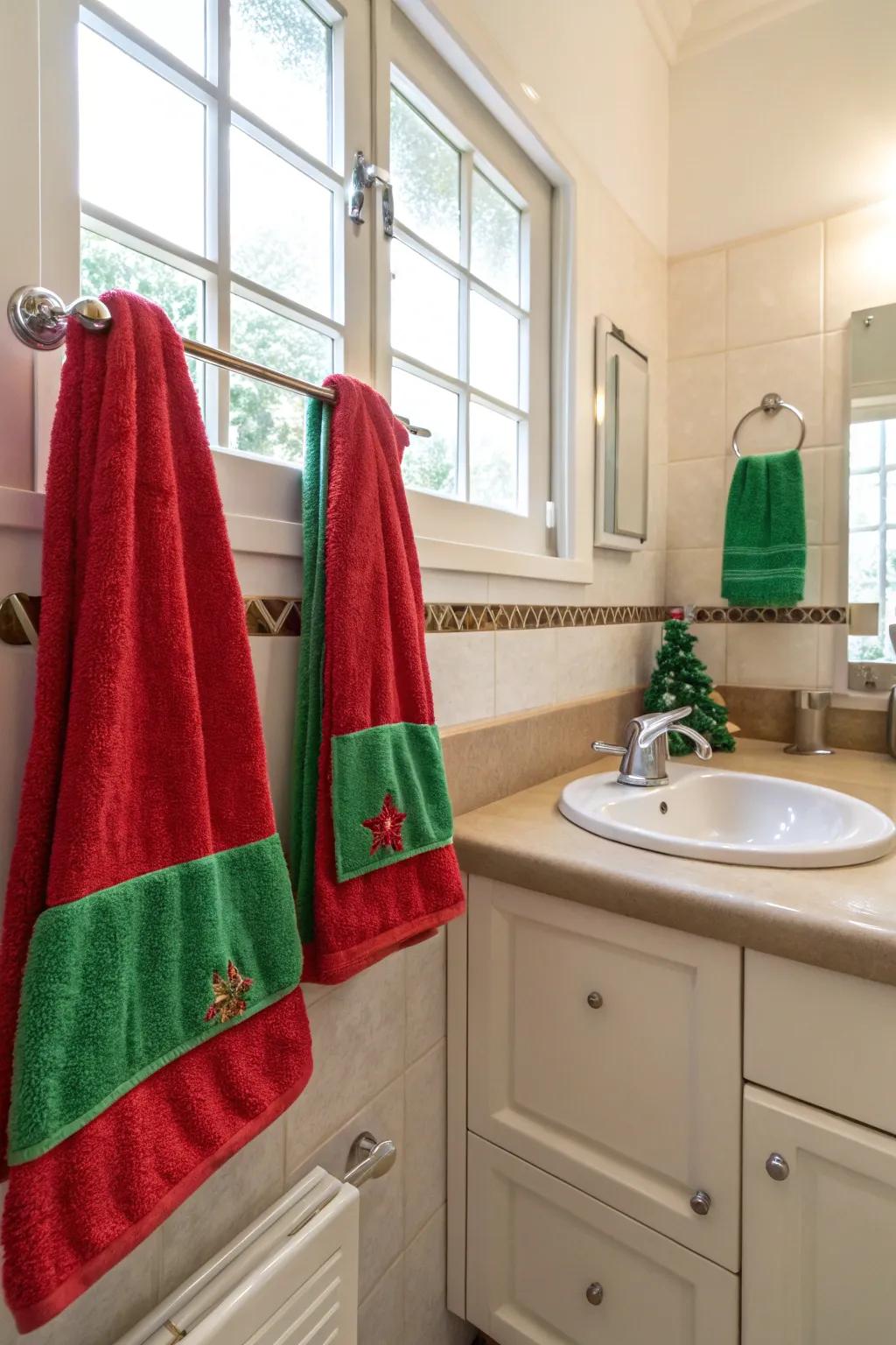 Celebratory textiles contribute a dash of holiday color to this bathroom.