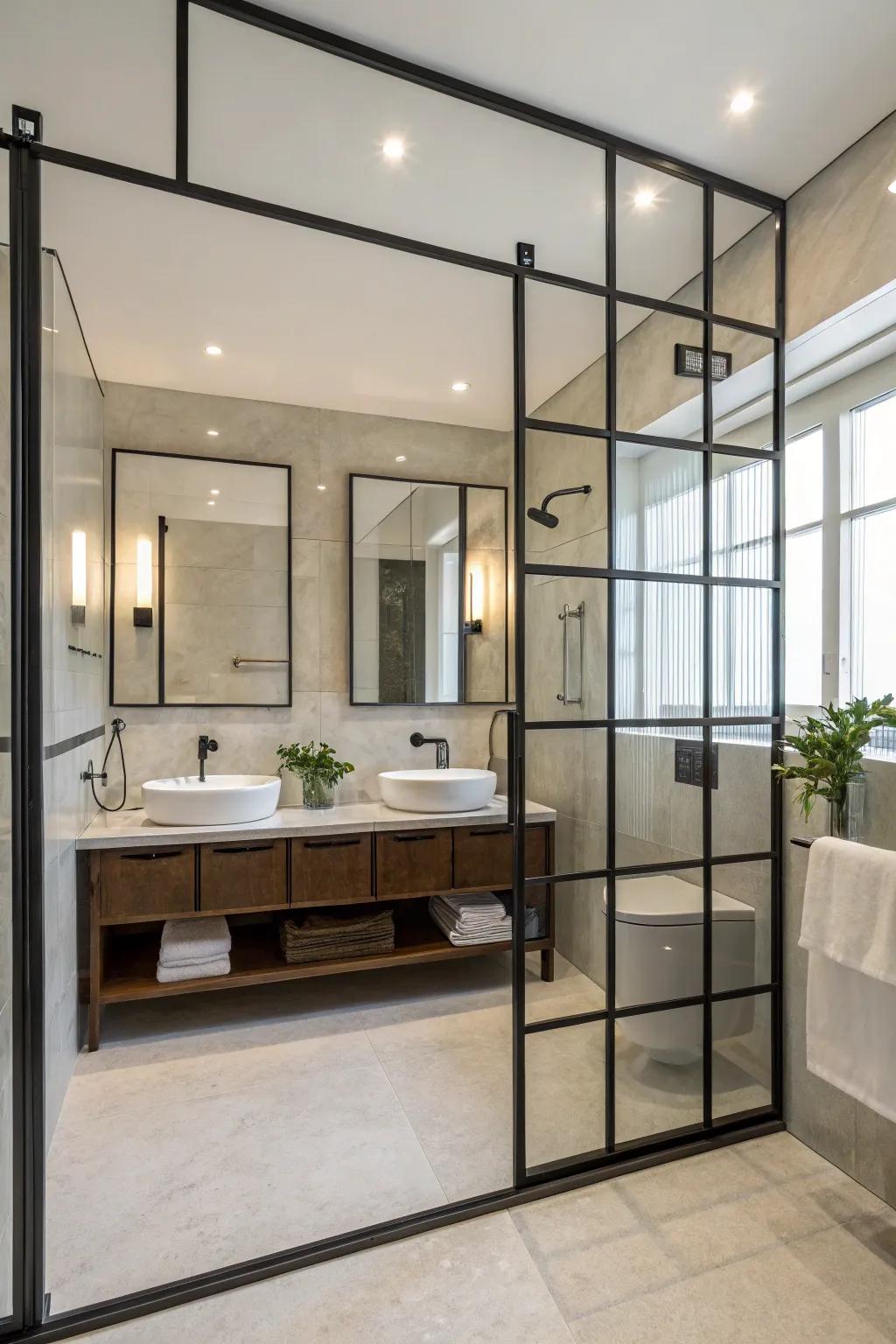 Modern metal frames bring an industrial edge to bathroom spaces.