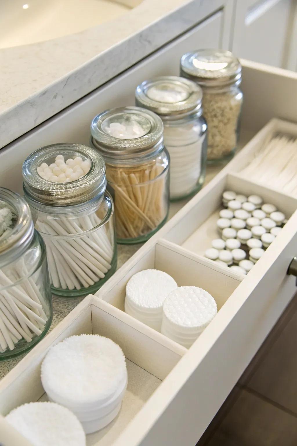 Vertical storage through jars adds both charm and efficiency.