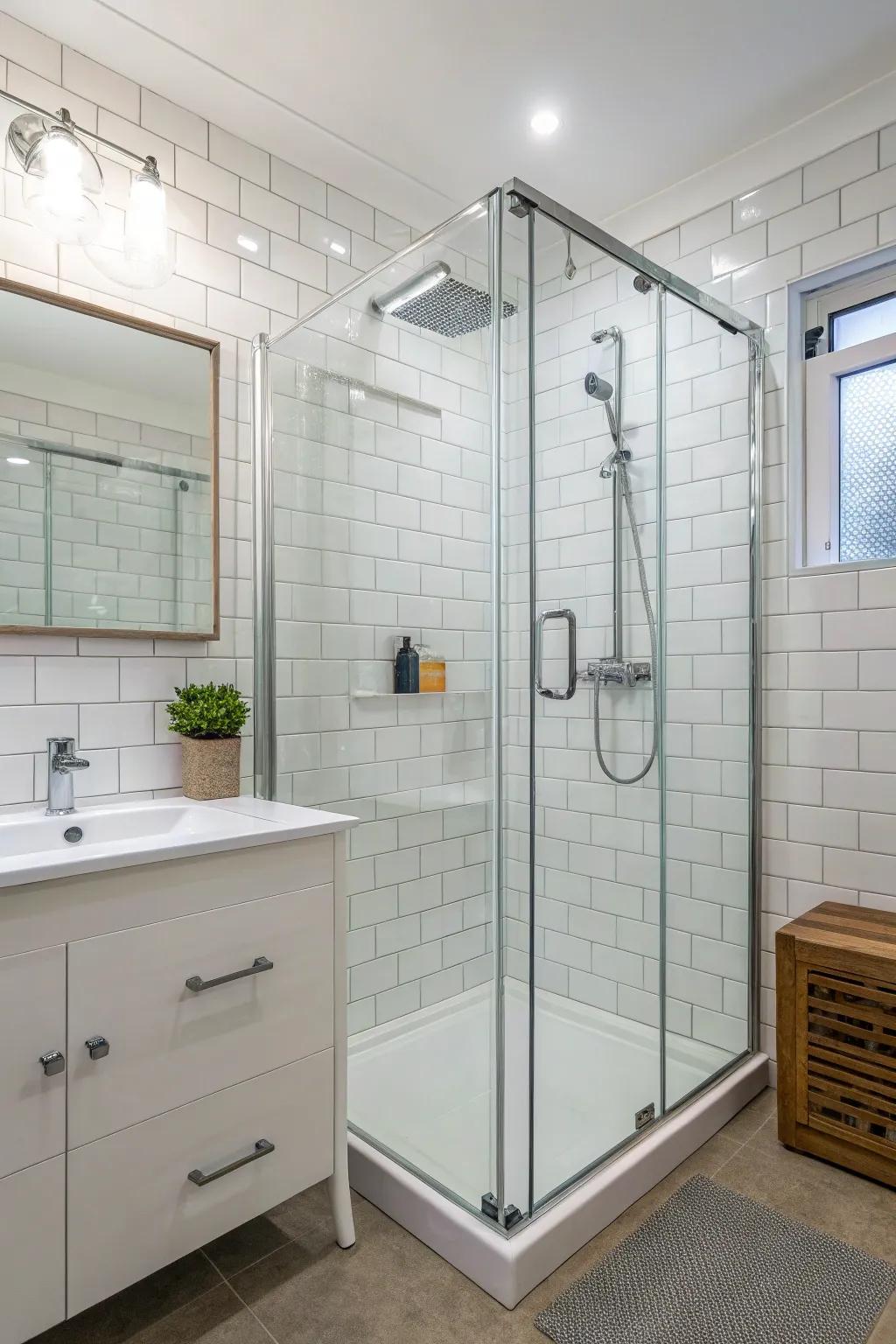 Unobscured transparent showers provide a simple visual that widens your bathroom space.