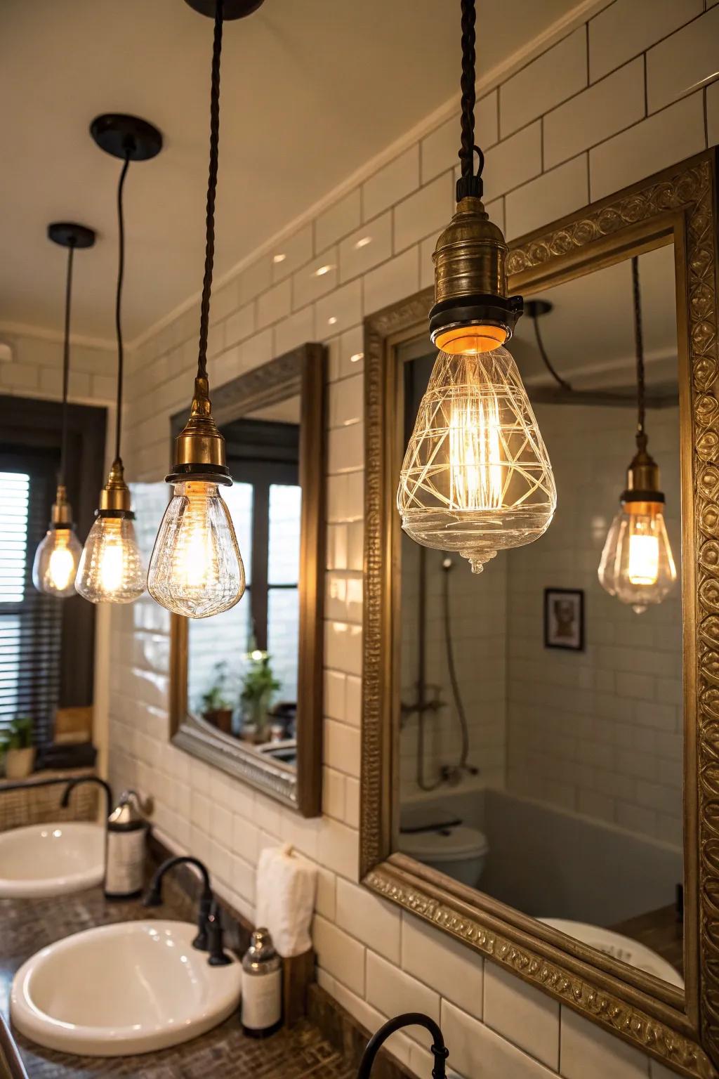 Vintage suspended lamps deliver allure and distinction to lavatory illumination.